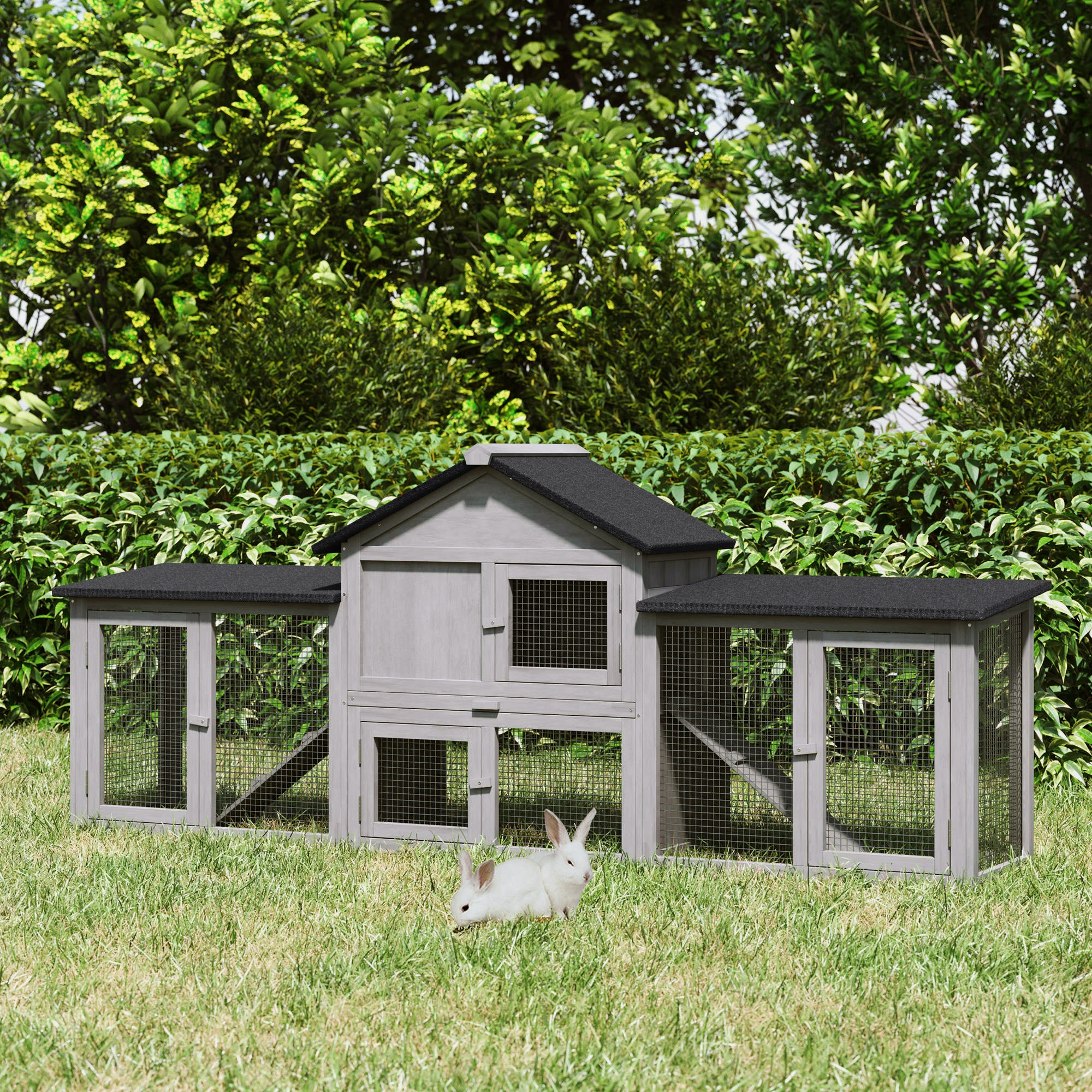 PawHut Large Rabbit Hutch Wood Bunny Cage Outdoor Guinea Pig House with Double Runs Slide Out Tray Ramps, 83"x18"x33", Grey