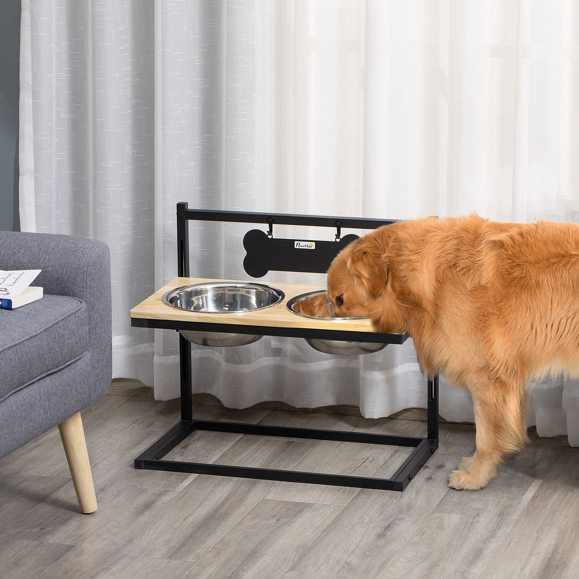 PawHut Raised Dog Bowls Adjustable Elevated Pet Feeder with Stand 2 Stainless Steel Bowls for Medium Large Dogs Breed, Natural