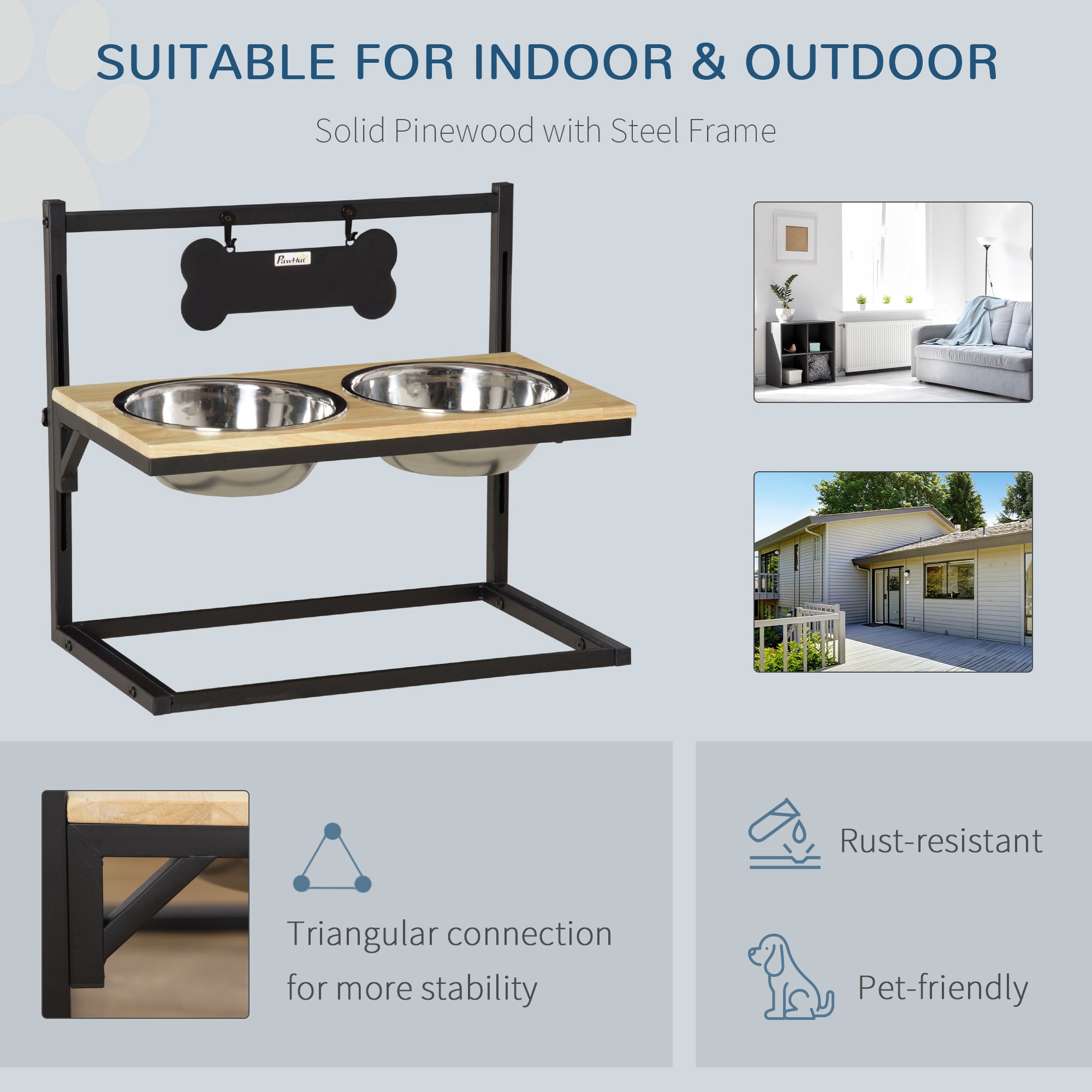 PawHut Raised Dog Bowls Adjustable Elevated Pet Feeder with Stand 2 Stainless Steel Bowls for Medium Large Dogs Breed, Natural