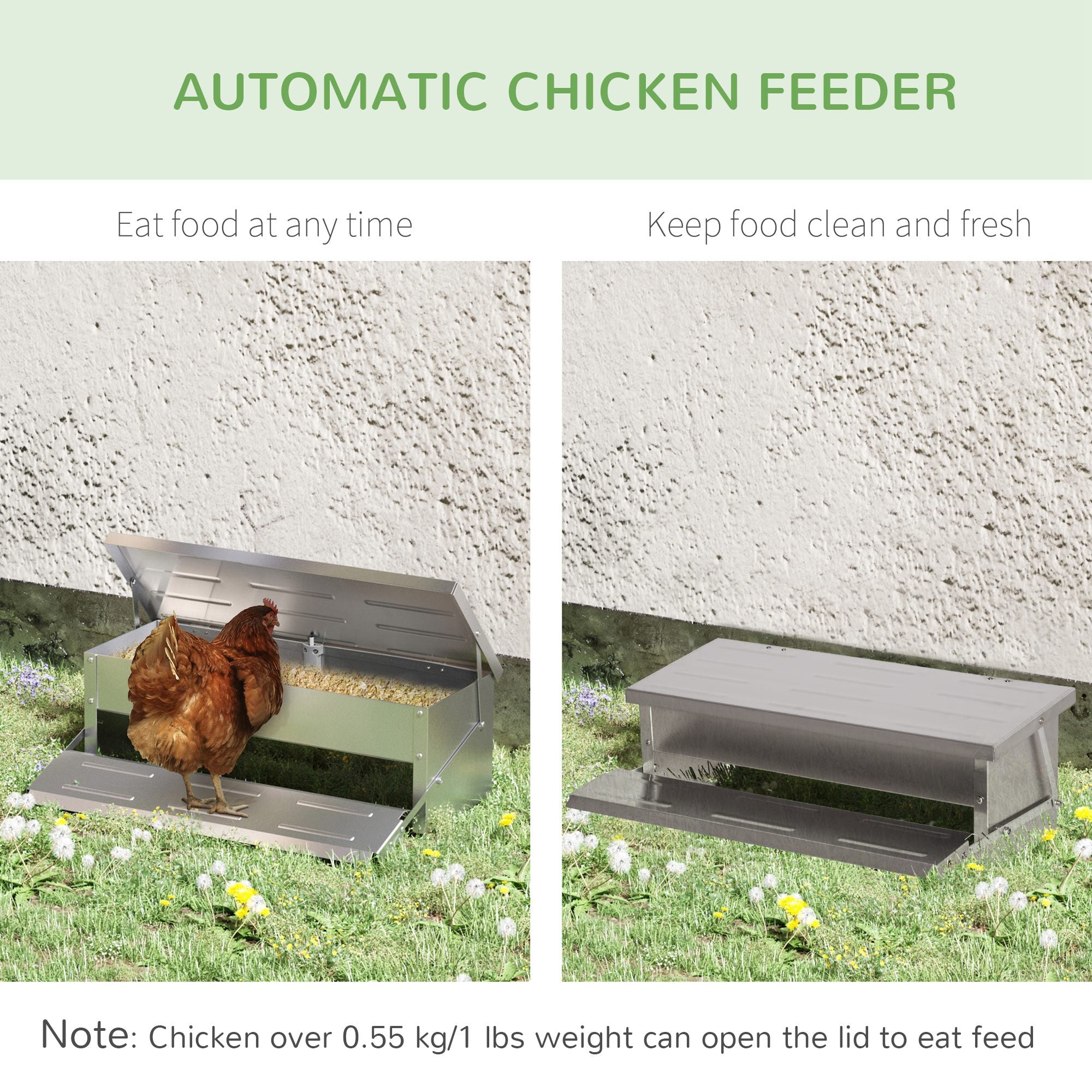 PawHut 10.6lbs Automatic Chicken Feeder Aluminum Poultry Feeders with Lid, Treadle, Rat Proof & No Spill with Weatherproof, Silver