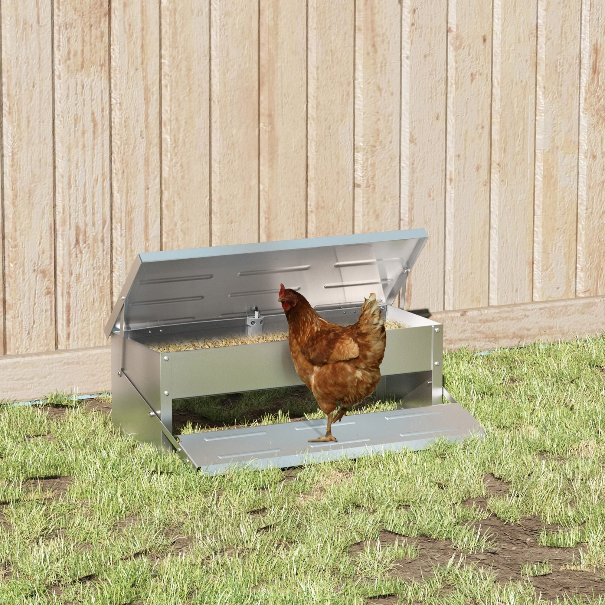 PawHut 10.6lbs Automatic Chicken Feeder Aluminum Poultry Feeders with Lid, Treadle, Rat Proof & No Spill with Weatherproof, Silver