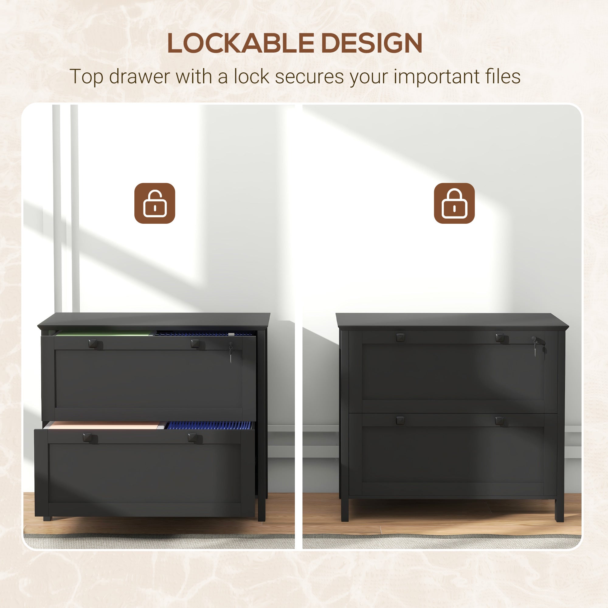 HOMCOM Lateral File Cabinet with 2 Drawer, Lockable Filing Cabinet with Adjustable Hanging Bar for Letter, A4 and Legal Size, Black
