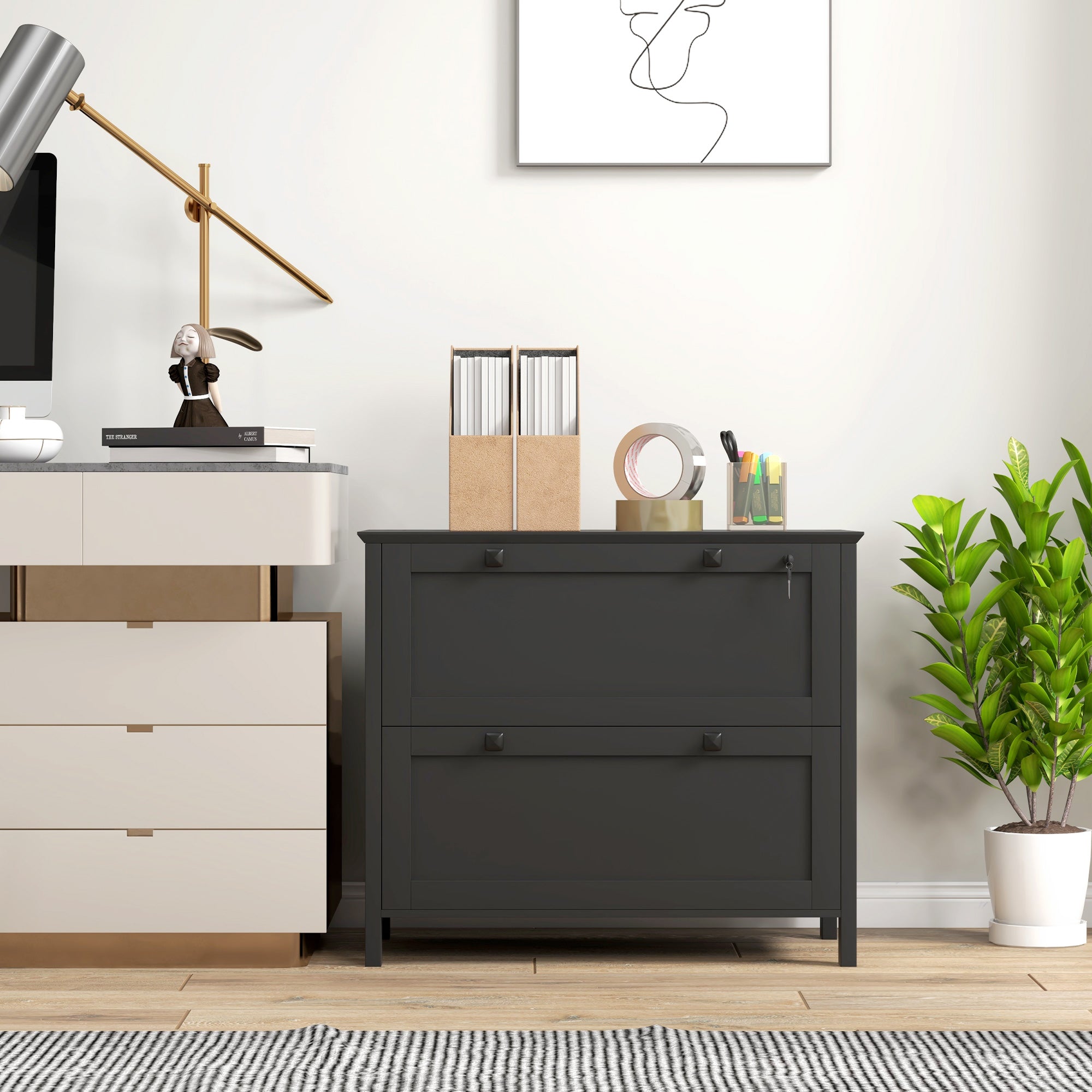 HOMCOM Lateral File Cabinet with 2 Drawer, Lockable Filing Cabinet with Adjustable Hanging Bar for Letter, A4 and Legal Size, Black