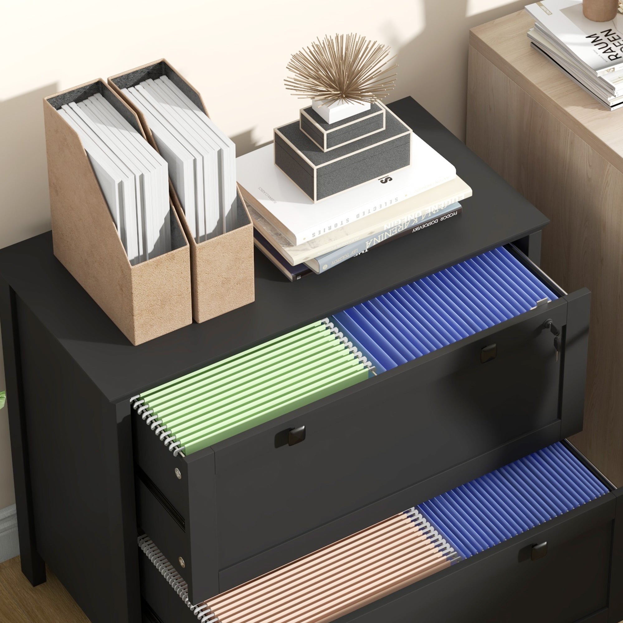 HOMCOM Lateral File Cabinet with 2 Drawer, Lockable Filing Cabinet with Adjustable Hanging Bar for Letter, A4 and Legal Size, Black