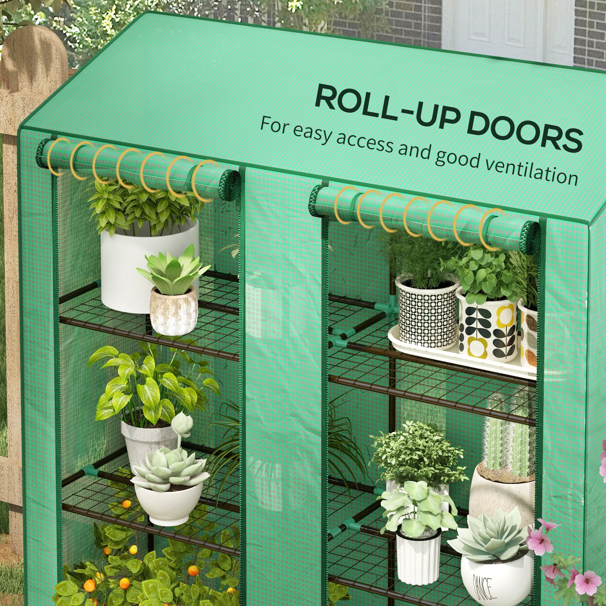 Outsunny Lean-to Mini Greenhouse with 3 Tier Shelves, PE Cover, Portable Green House with 2 Roll-up Doors, Garden Plant Grow Hot House for Indoor Outdoor, 56.3