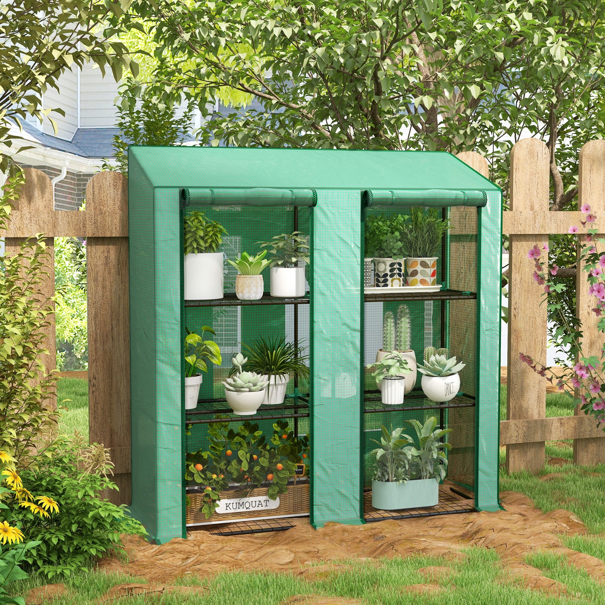 Outsunny Lean-to Mini Greenhouse with 3 Tier Shelves, PE Cover, Portable Green House with 2 Roll-up Doors, Garden Plant Grow Hot House for Indoor Outdoor, 56.3