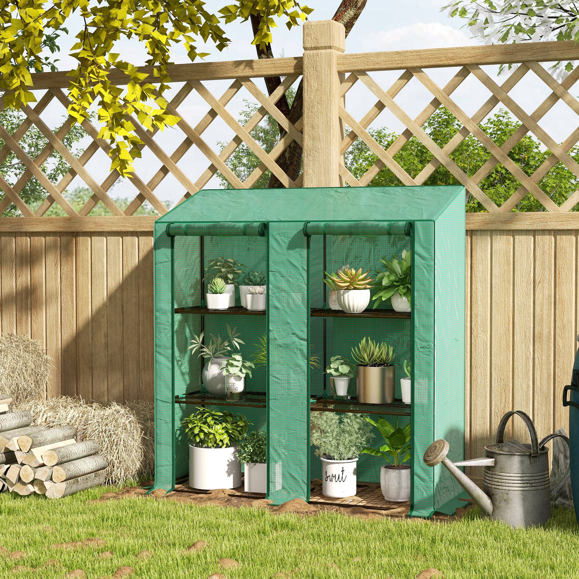 Outsunny Lean-to Mini Greenhouse with 3 Tier Shelves, PE Cover, Portable Green House with 2 Roll-up Doors, Garden Plant Grow Hot House for Indoor Outdoor, 56.3"x18.1"x59.4", Green