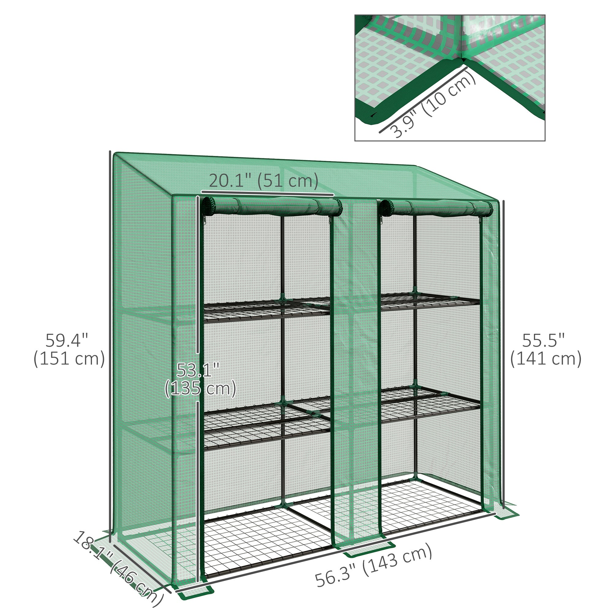 Outsunny Lean-to Mini Greenhouse with 3 Tier Shelves, PE Cover, Portable Green House with 2 Roll-up Doors, Garden Plant Grow Hot House for Indoor Outdoor, 56.3"x18.1"x59.4", Green