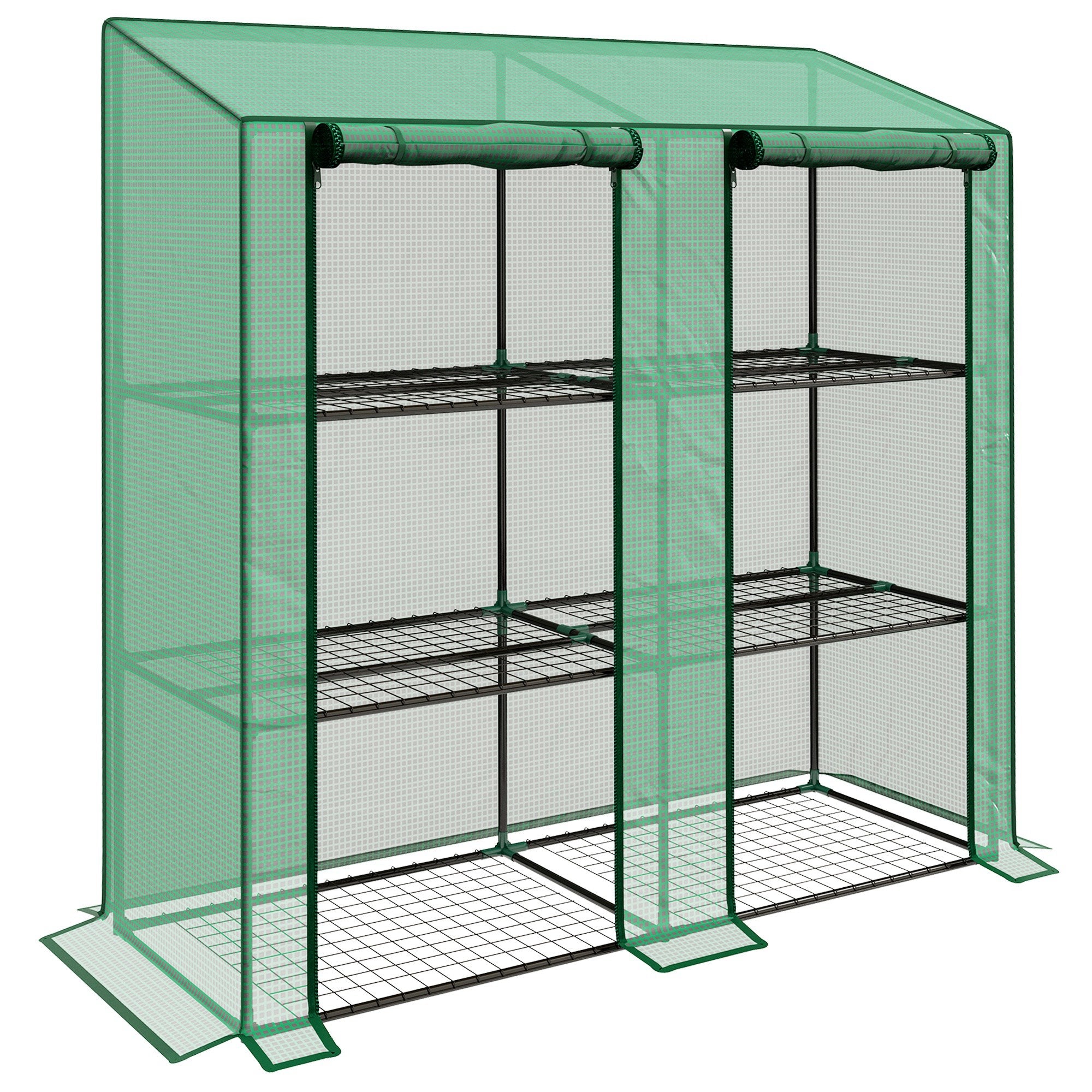 Outsunny Lean-to Mini Greenhouse with 3 Tier Shelves, PE Cover, Portable Green House with 2 Roll-up Doors, Garden Plant Grow Hot House for Indoor Outdoor, 56.3
