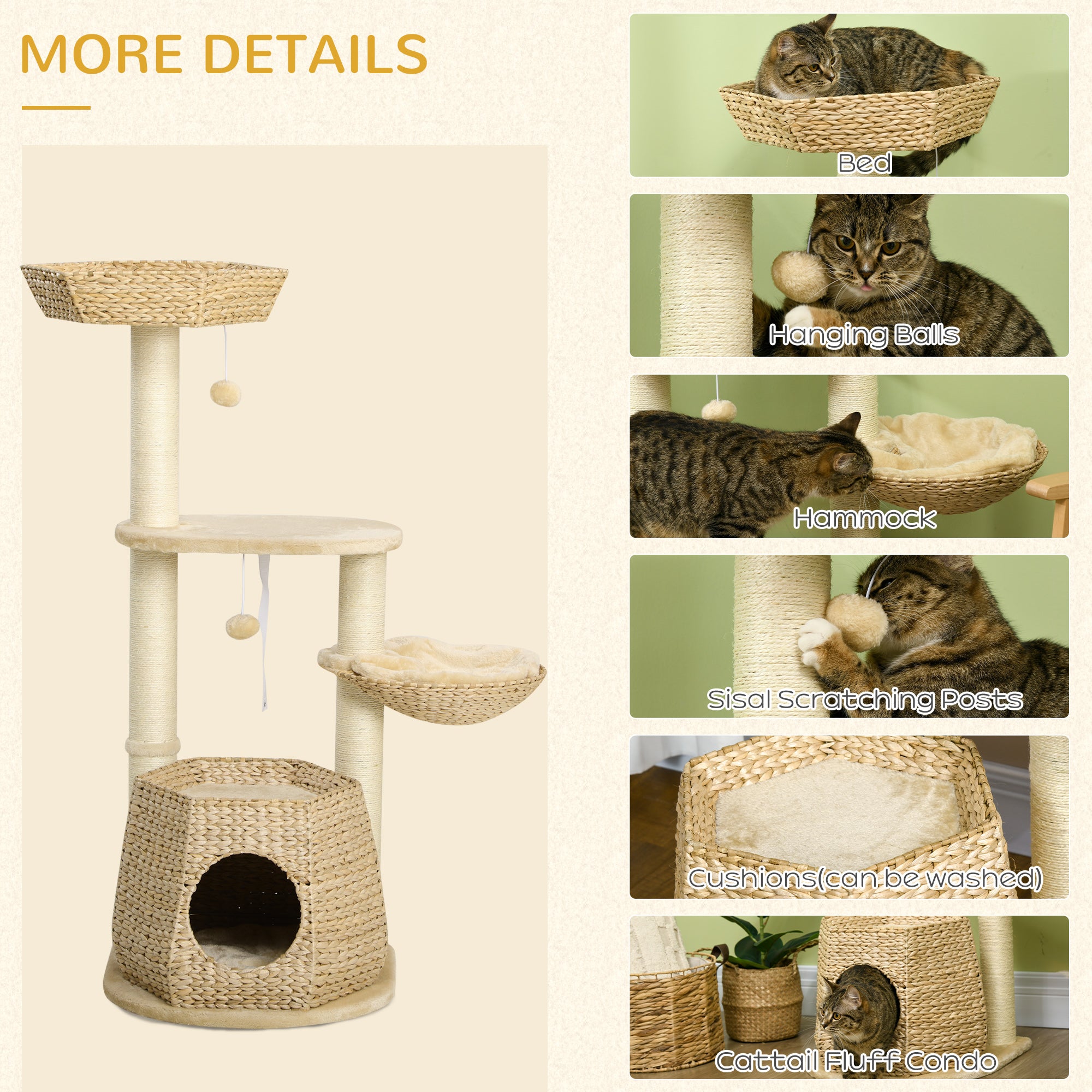 PawHut Cat Tree Tower for Indoor Cats Climbing Activity Center Kitten Furniture with Cattail Fluff Bed Condo Sisal Scratching Post Hanging Ball 50 x 50 x 119cm Natural