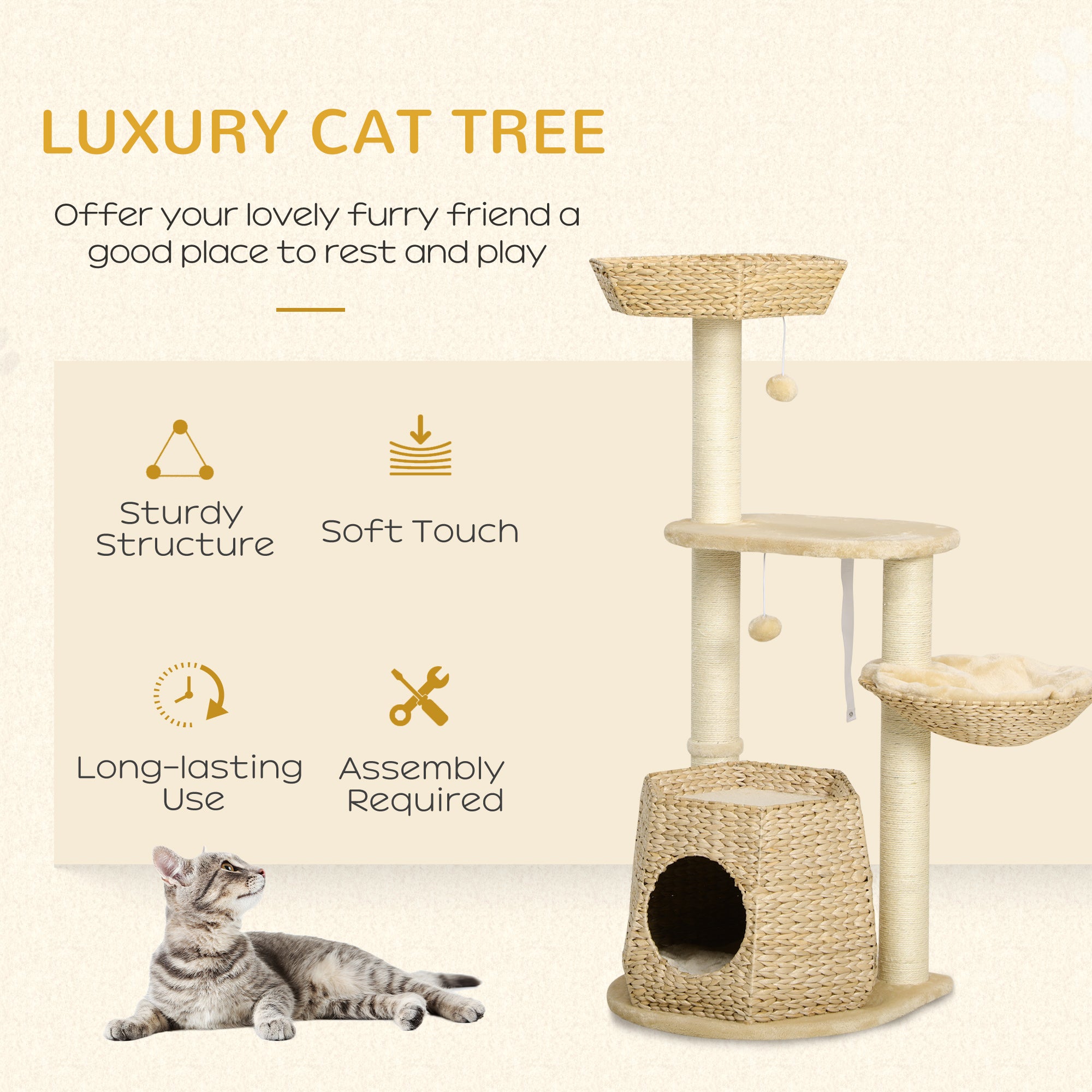 PawHut Cat Tree Tower for Indoor Cats Climbing Activity Center Kitten Furniture with Cattail Fluff Bed Condo Sisal Scratching Post Hanging Ball 50 x 50 x 119cm Natural