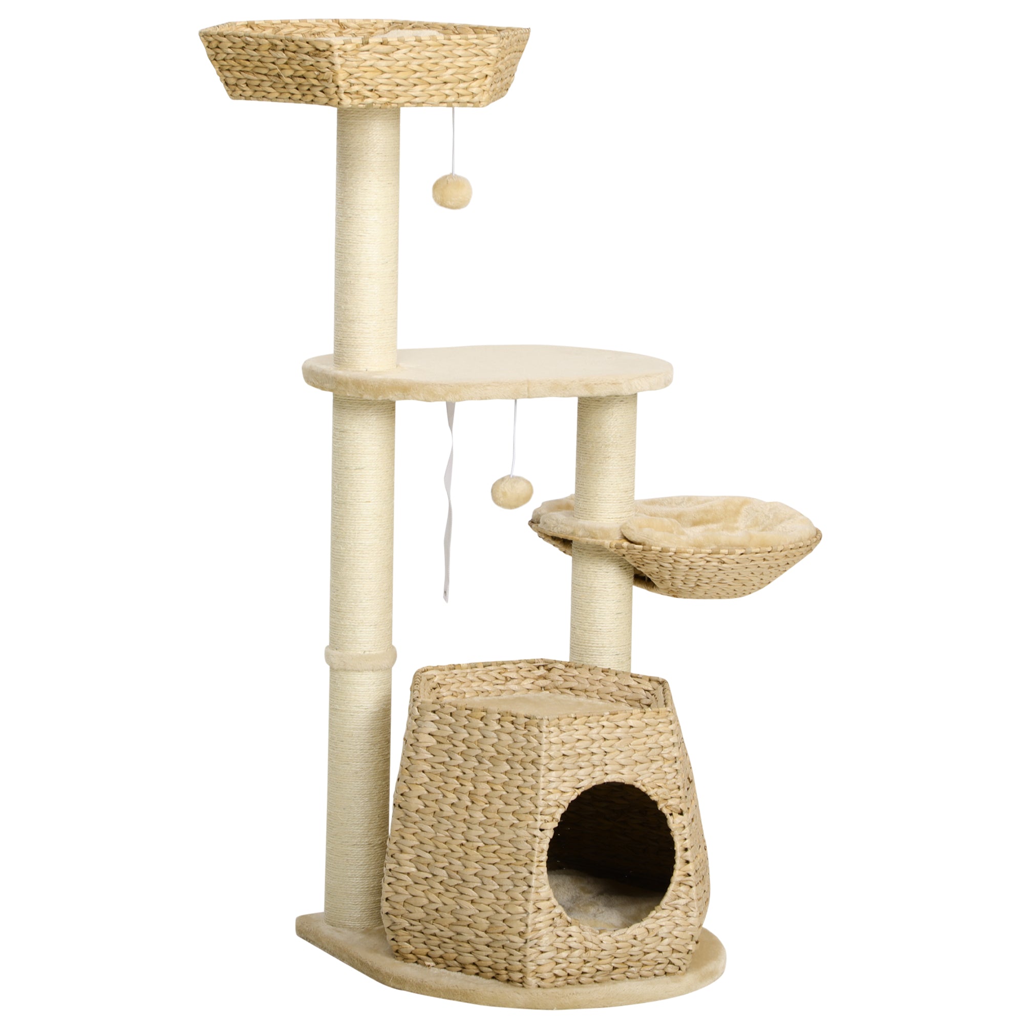 PawHut Cat Tree Tower for Indoor Cats Climbing Activity Center Kitten Furniture with Cattail Fluff Bed Condo Sisal Scratching Post Hanging Ball 50 x 50 x 119cm Natural
