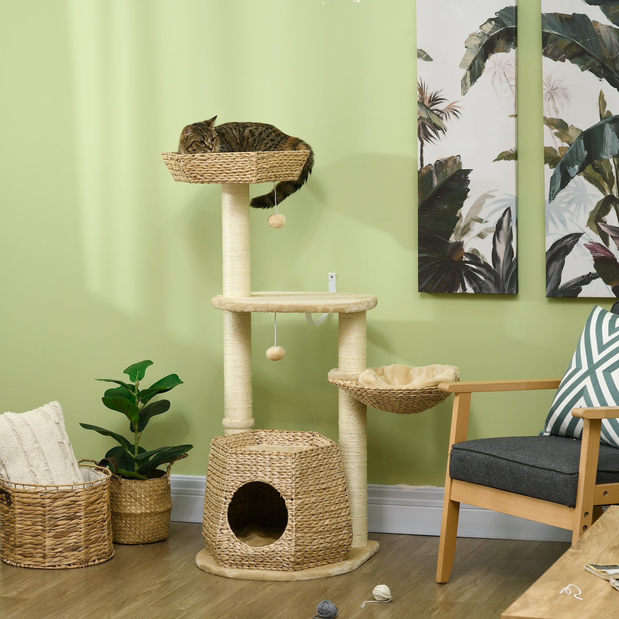 PawHut Cat Tree Tower for Indoor Cats Climbing Activity Center Kitten Furniture with Cattail Fluff Bed Condo Sisal Scratching Post Hanging Ball 50 x 50 x 119cm Natural