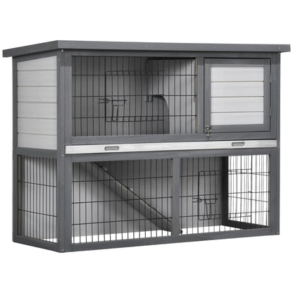 PawHut 42.5" Wooden Rabbit Hutch Bunny Cage Small Animal House Enclosure with Ramp, Removable Tray and Weatherproof Roof for Outdoor, Gray