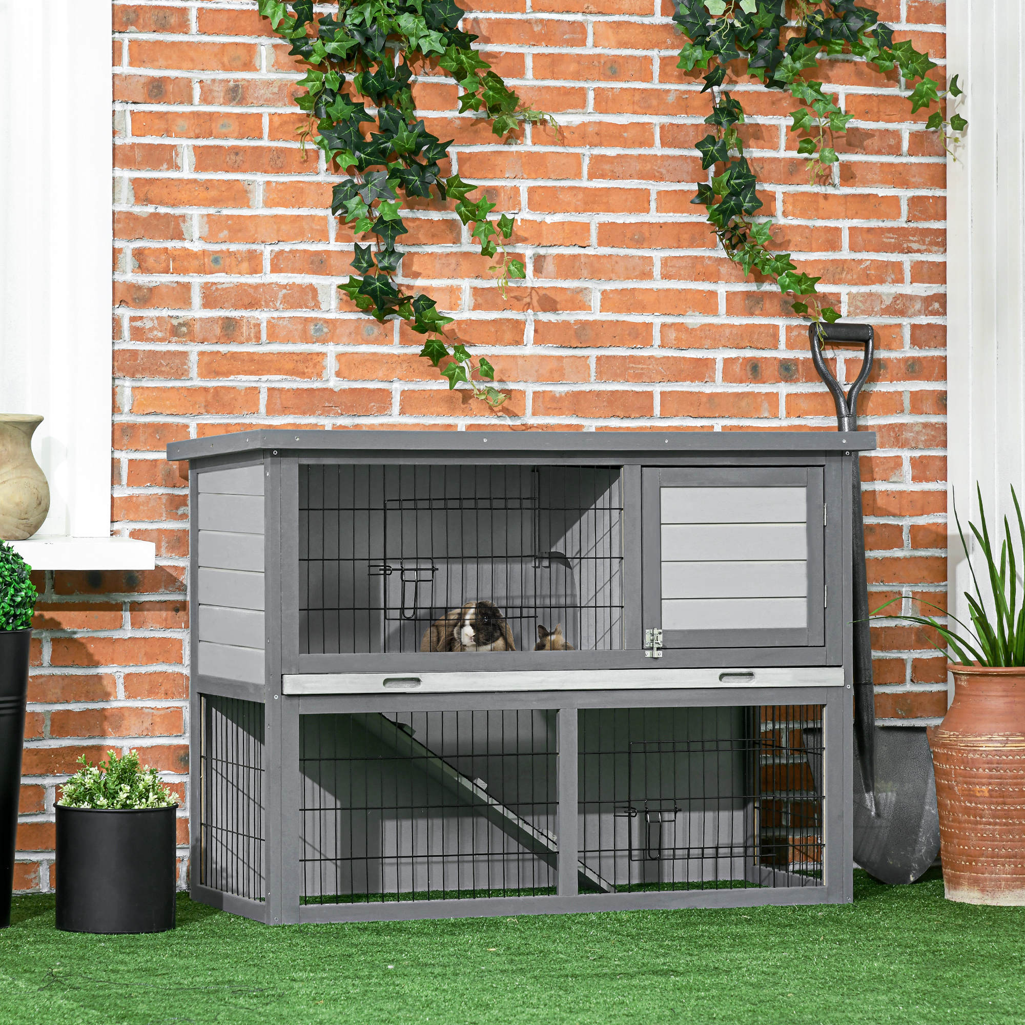 PawHut 42.5" Wooden Rabbit Hutch Bunny Cage Small Animal House Enclosure with Ramp, Removable Tray and Weatherproof Roof for Outdoor, Gray