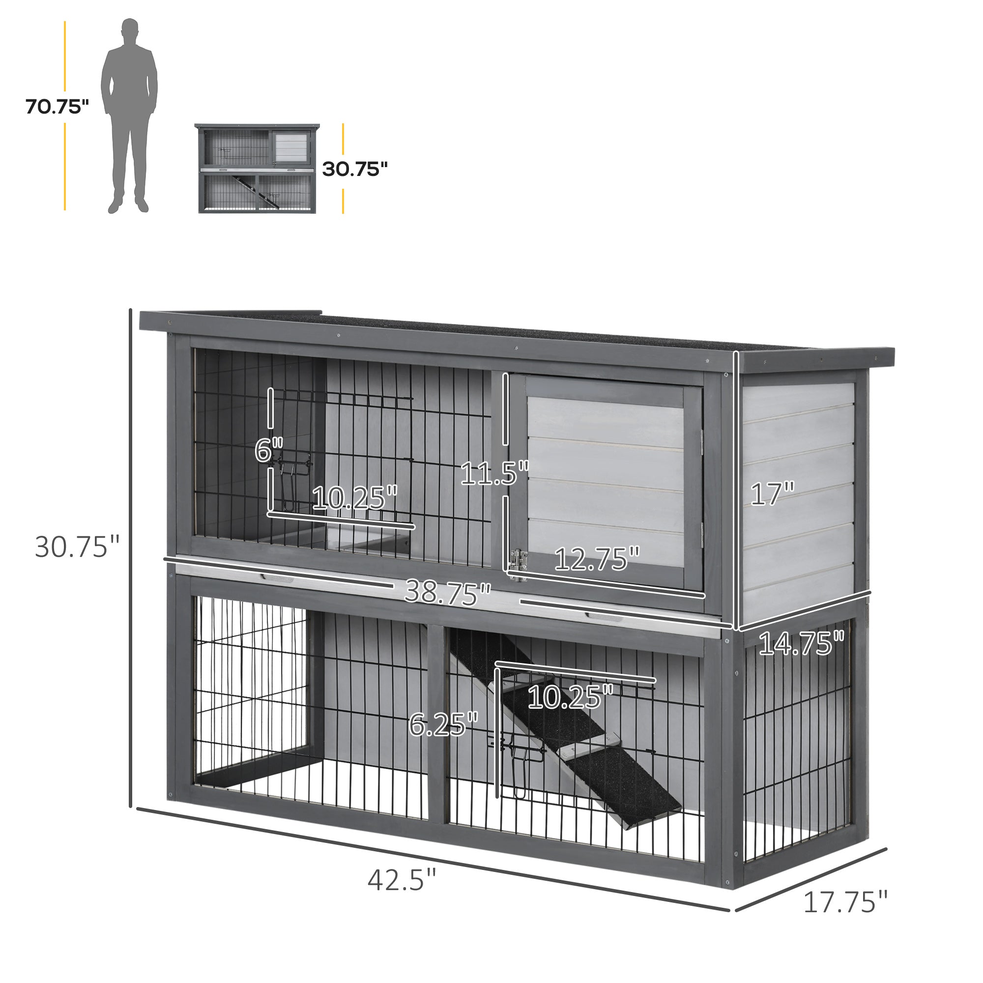 PawHut 42.5" Wooden Rabbit Hutch Bunny Cage Small Animal House Enclosure with Ramp, Removable Tray and Weatherproof Roof for Outdoor, Gray