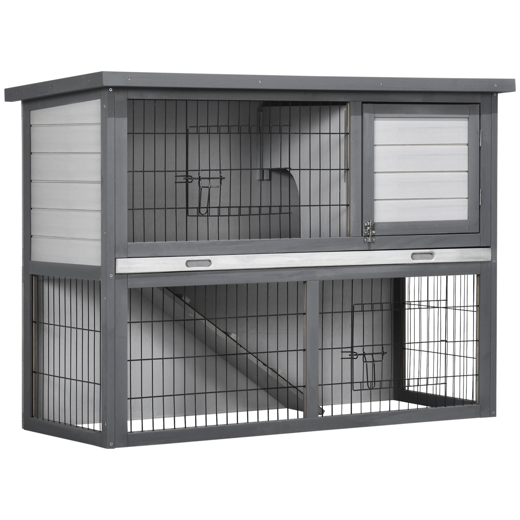 PawHut 42.5" Wooden Rabbit Hutch Bunny Cage Small Animal House Enclosure with Ramp, Removable Tray and Weatherproof Roof for Outdoor, Gray