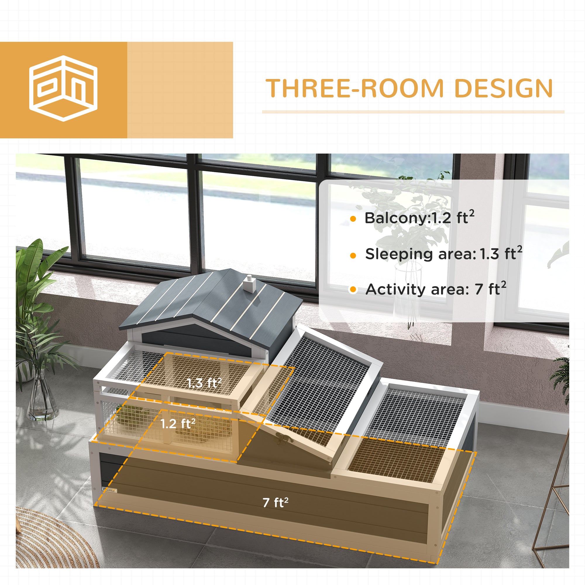 PawHut Tortoise House 3-Room Wooden Tortoise Enclosure Large Reptile Cage with 2 Stories, Ladder, Balcony, Tray, Openable Roof, 59H x 112L x 65Wcm, Dark Grey