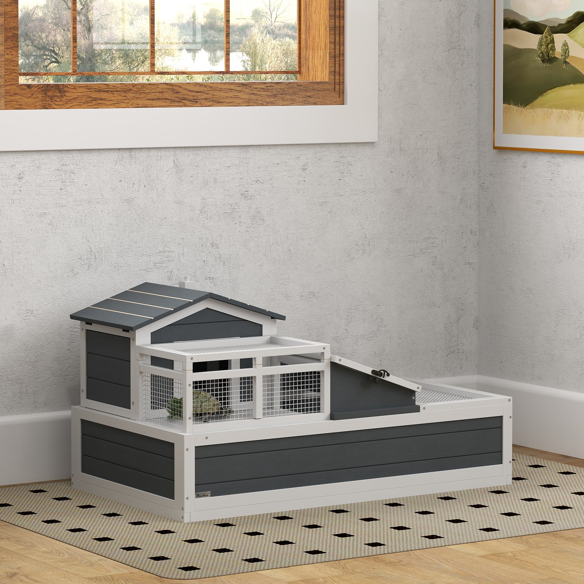 PawHut Tortoise House 3-Room Wooden Tortoise Enclosure Large Reptile Cage with 2 Stories, Ladder, Balcony, Tray, Openable Roof, 59H x 112L x 65Wcm, Dark Grey
