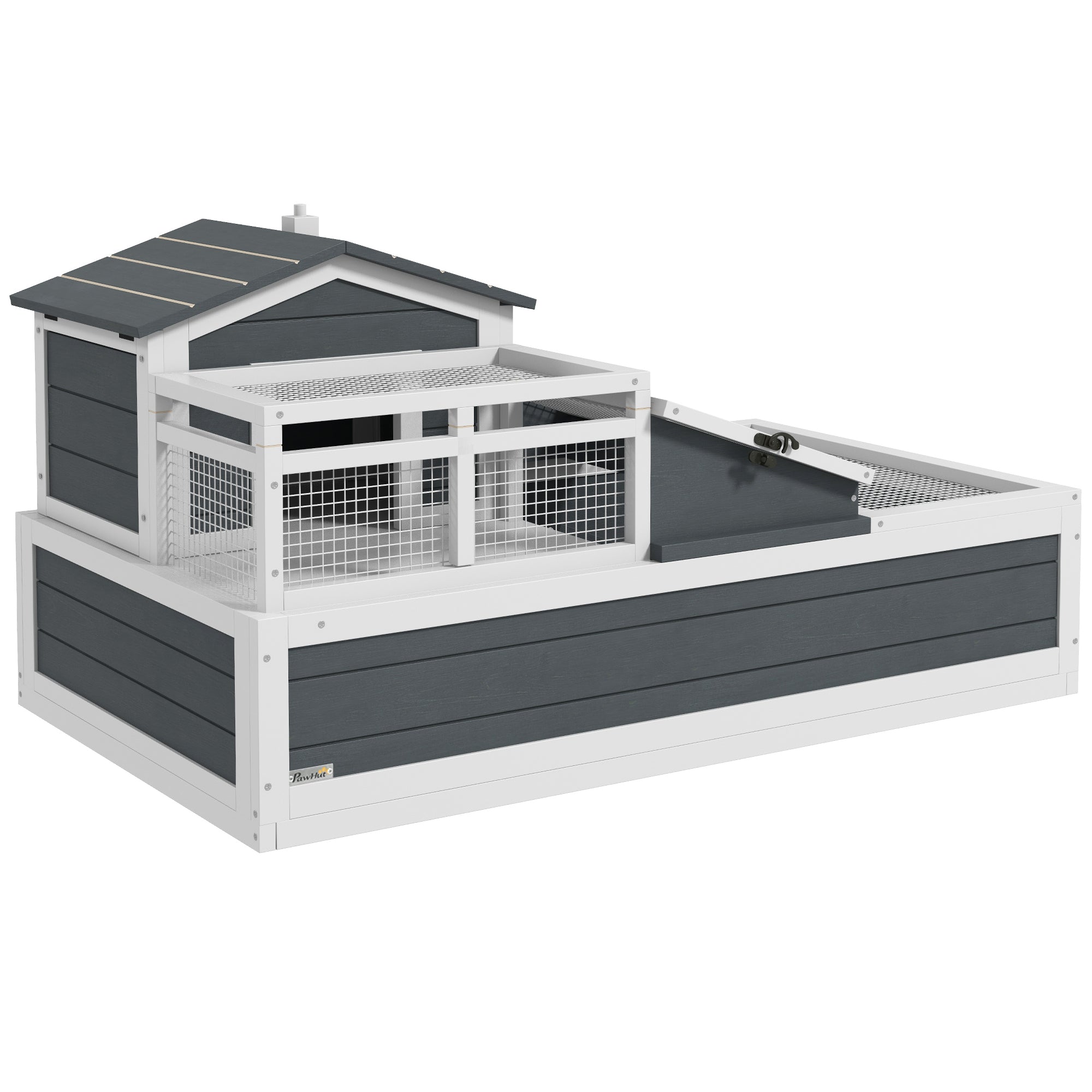 PawHut Tortoise House 3-Room Wooden Tortoise Enclosure Large Reptile Cage with 2 Stories, Ladder, Balcony, Tray, Openable Roof, 59H x 112L x 65Wcm, Dark Grey
