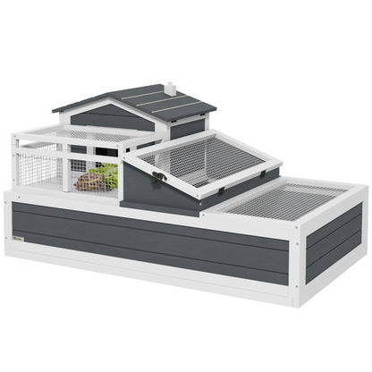 PawHut Tortoise House 3-Room Wooden Tortoise Enclosure Large Reptile Cage with 2 Stories, Ladder, Balcony, Tray, Openable Roof, 59H x 112L x 65Wcm, Dark Grey
