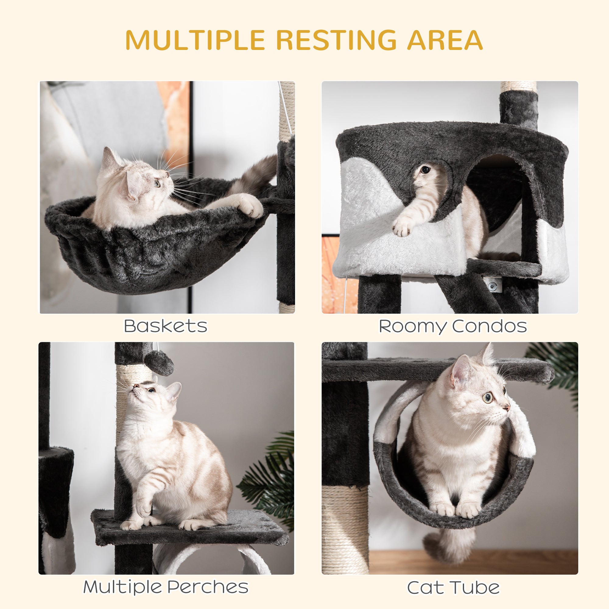 PawHut Floor to Ceiling Cat Tree, 240-260cm Adjustable Height Cat Tower with Scratching Posts, Cat Houses, Ramps, Hammocks, Toy Balls, Tunnel for Indoor Cats - White