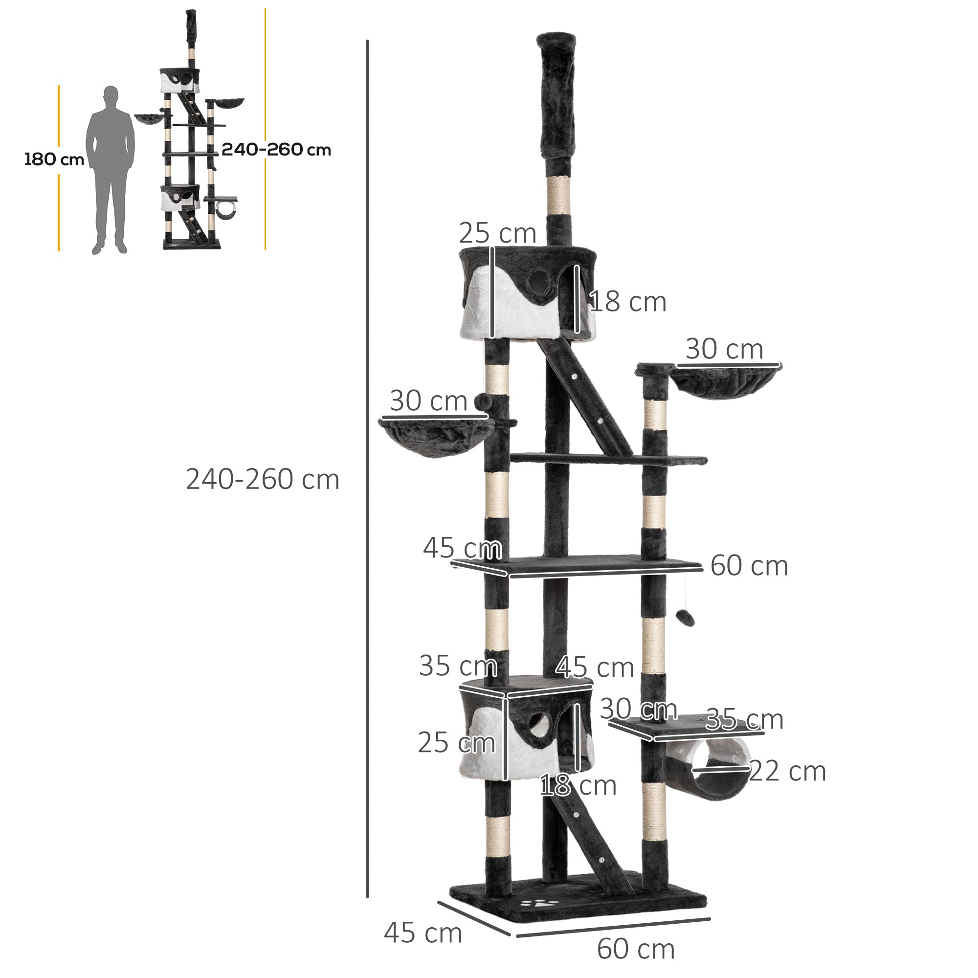 PawHut Floor to Ceiling Cat Tree, 240-260cm Adjustable Height Cat Tower with Scratching Posts, Cat Houses, Ramps, Hammocks, Toy Balls, Tunnel for Indoor Cats - White