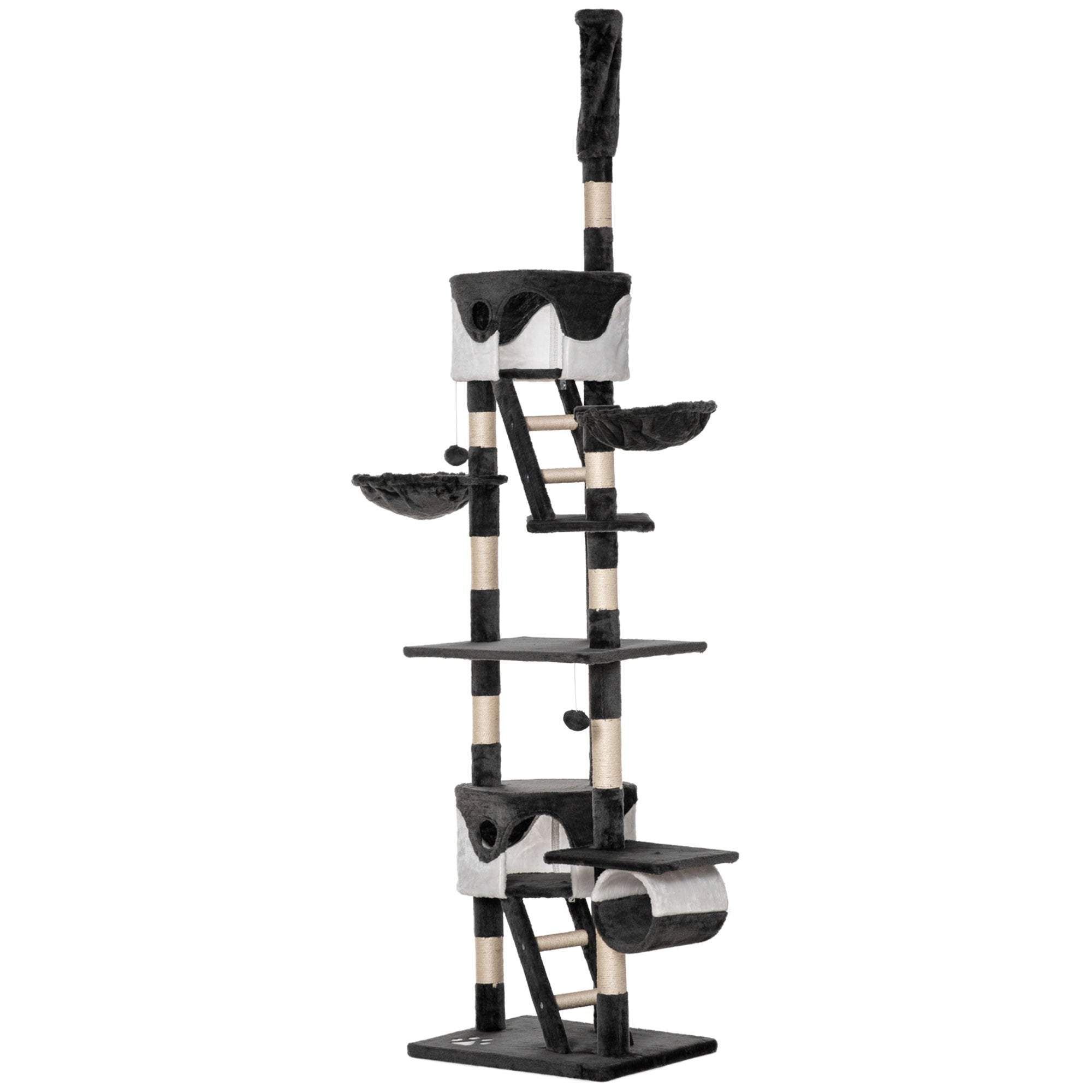 PawHut Floor to Ceiling Cat Tree, 240-260cm Adjustable Height Cat Tower with Scratching Posts, Cat Houses, Ramps, Hammocks, Toy Balls, Tunnel for Indoor Cats - White
