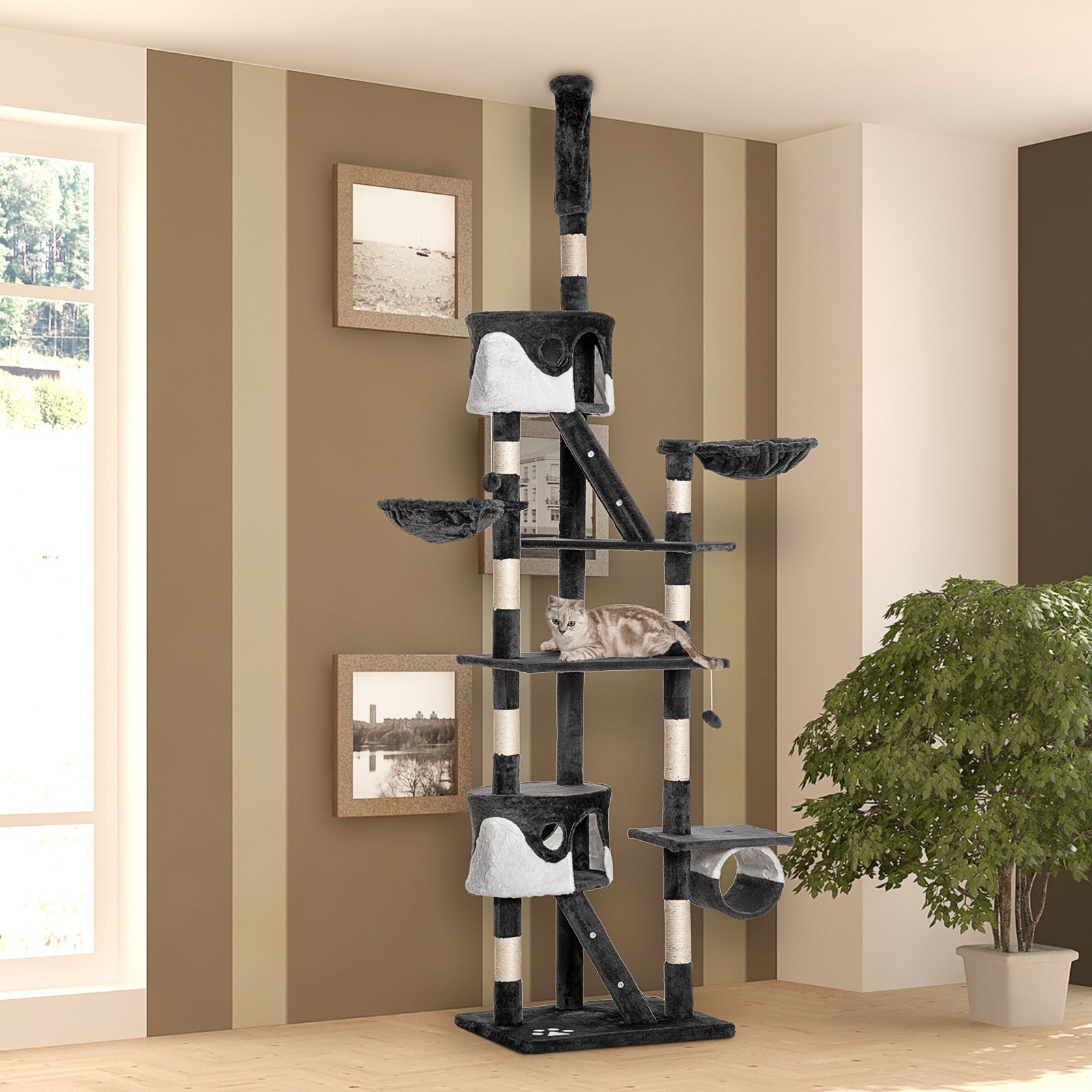PawHut Floor to Ceiling Cat Tree, 240-260cm Adjustable Height Cat Tower with Scratching Posts, Cat Houses, Ramps, Hammocks, Toy Balls, Tunnel for Indoor Cats - White