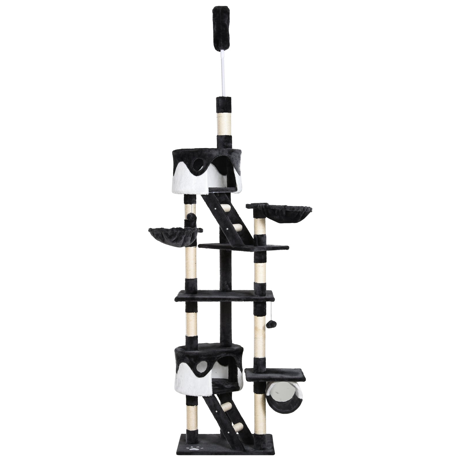PawHut Floor to Ceiling Cat Tree, 240-260cm Adjustable Height Cat Tower with Scratching Posts, Cat Houses, Ramps, Hammocks, Toy Balls, Tunnel for Indoor Cats - White