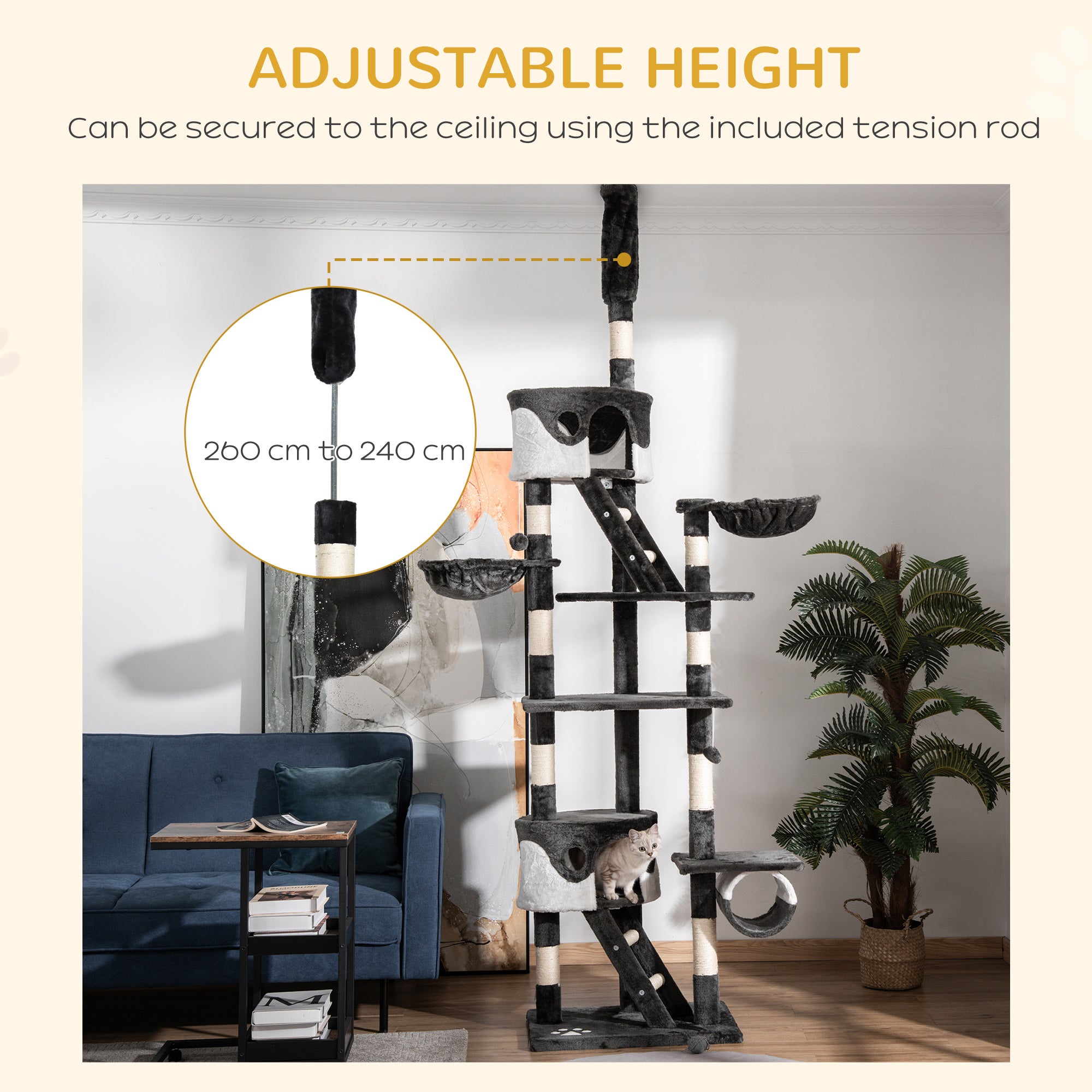 PawHut Floor to Ceiling Cat Tree, 240-260cm Adjustable Height Cat Tower with Scratching Posts, Cat Houses, Ramps, Hammocks, Toy Balls, Tunnel for Indoor Cats - White