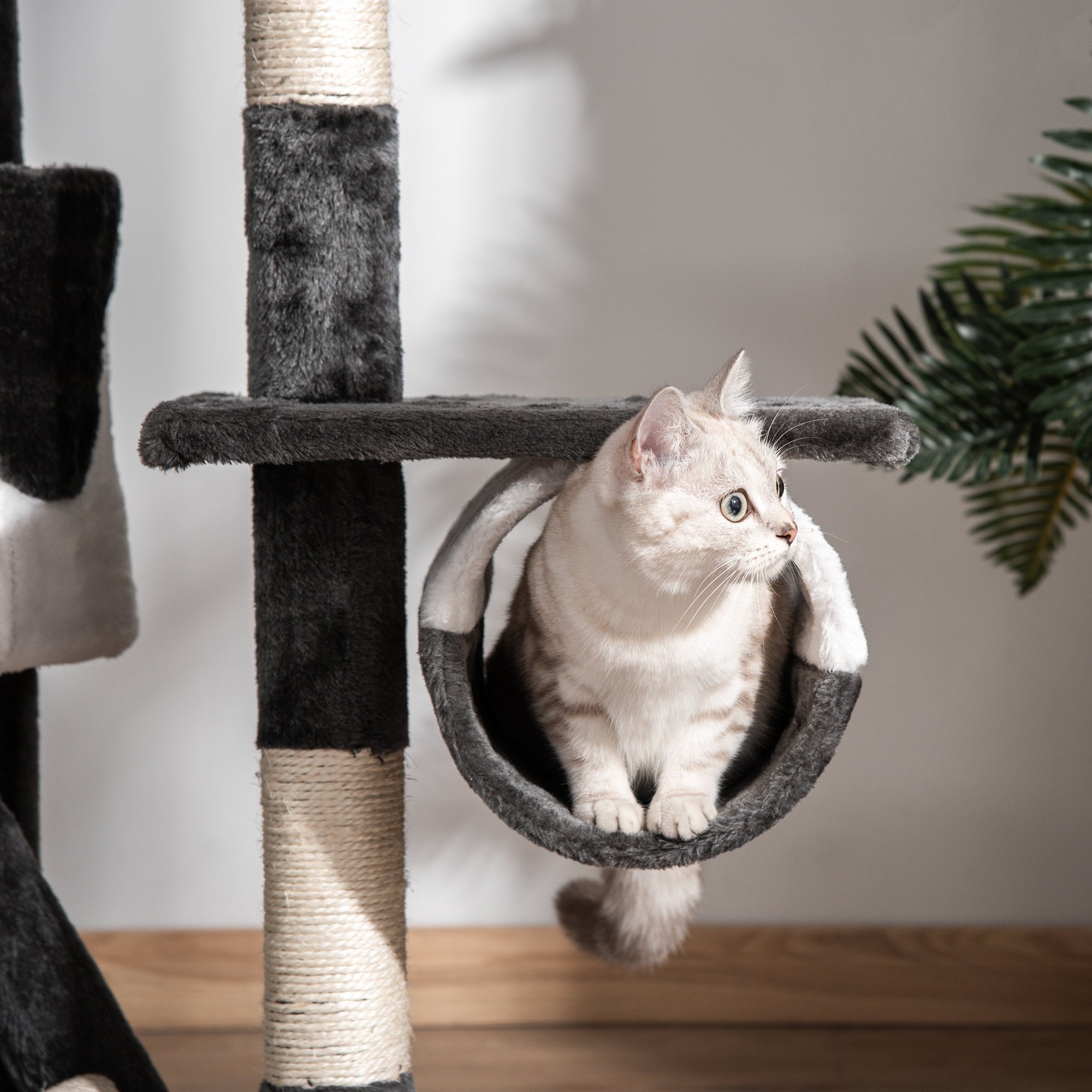 PawHut Cat Tower for Large Cats Adult, Floor to Ceiling Cat Tree Adjustable Height 94"-102" Multi-Level with Scratching Posts, Cozy Hammock, Dangling Ball Toy, White
