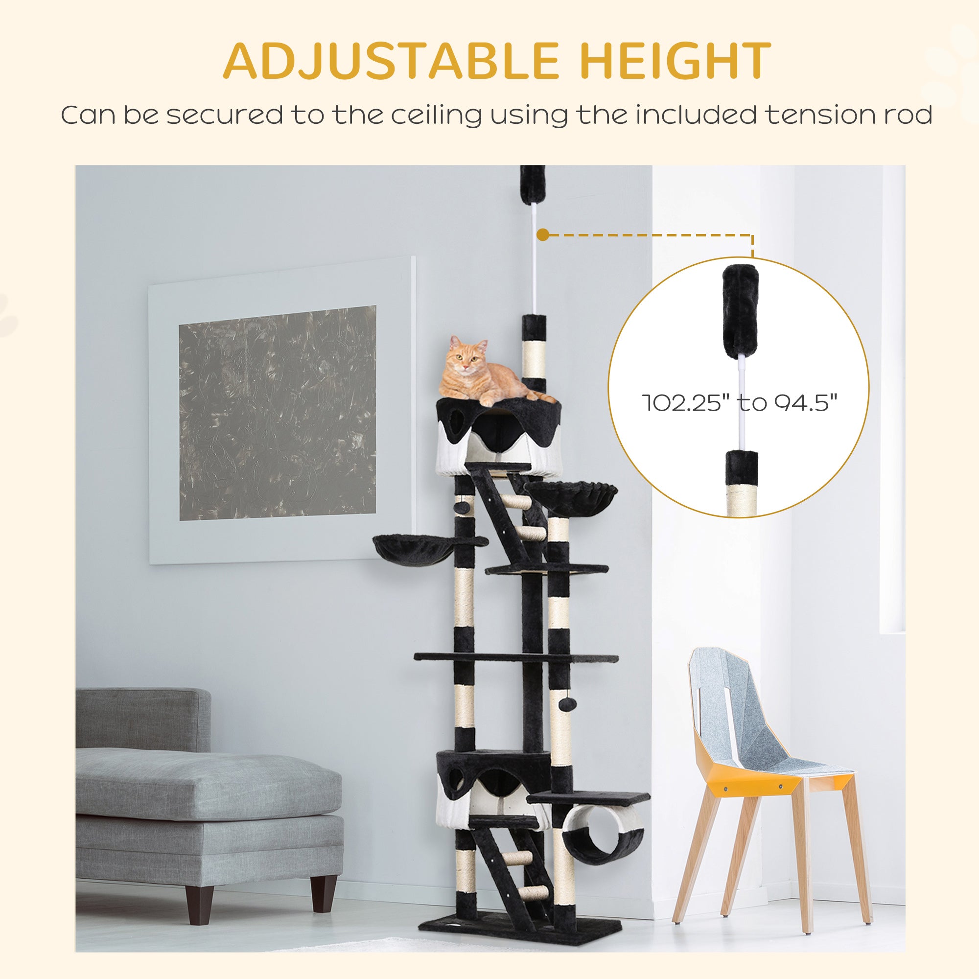 PawHut Cat Tower for Large Cats Adult, Floor to Ceiling Cat Tree Adjustable Height 94"-102" Multi-Level with Scratching Posts, Cozy Hammock, Dangling Ball Toy, White