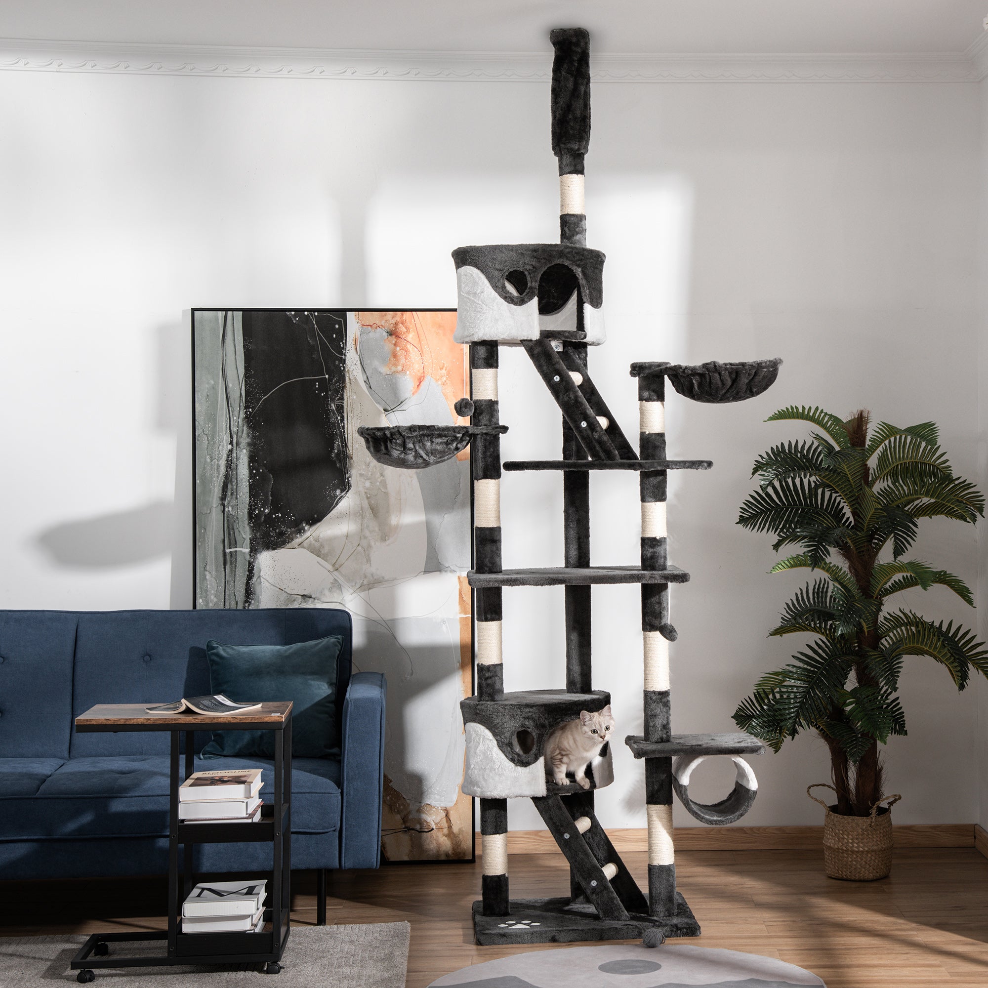PawHut Floor to Ceiling Cat Tree, 240-260cm Adjustable Height Cat Tower with Scratching Posts, Cat Houses, Ramps, Hammocks, Toy Balls, Tunnel for Indoor Cats - White