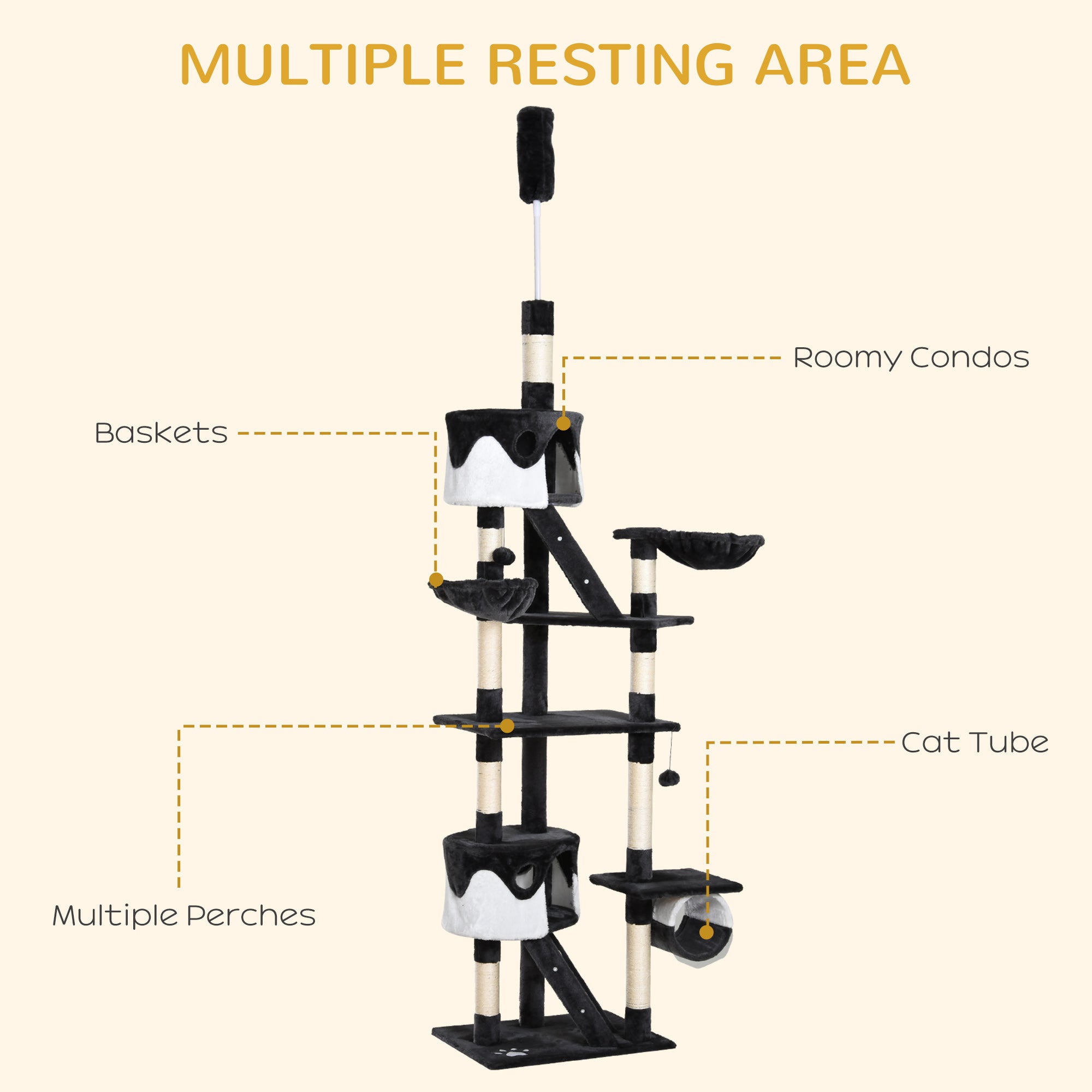 PawHut Cat Tower for Large Cats Adult, Floor to Ceiling Cat Tree Adjustable Height 94"-102" Multi-Level with Scratching Posts, Cozy Hammock, Dangling Ball Toy, White