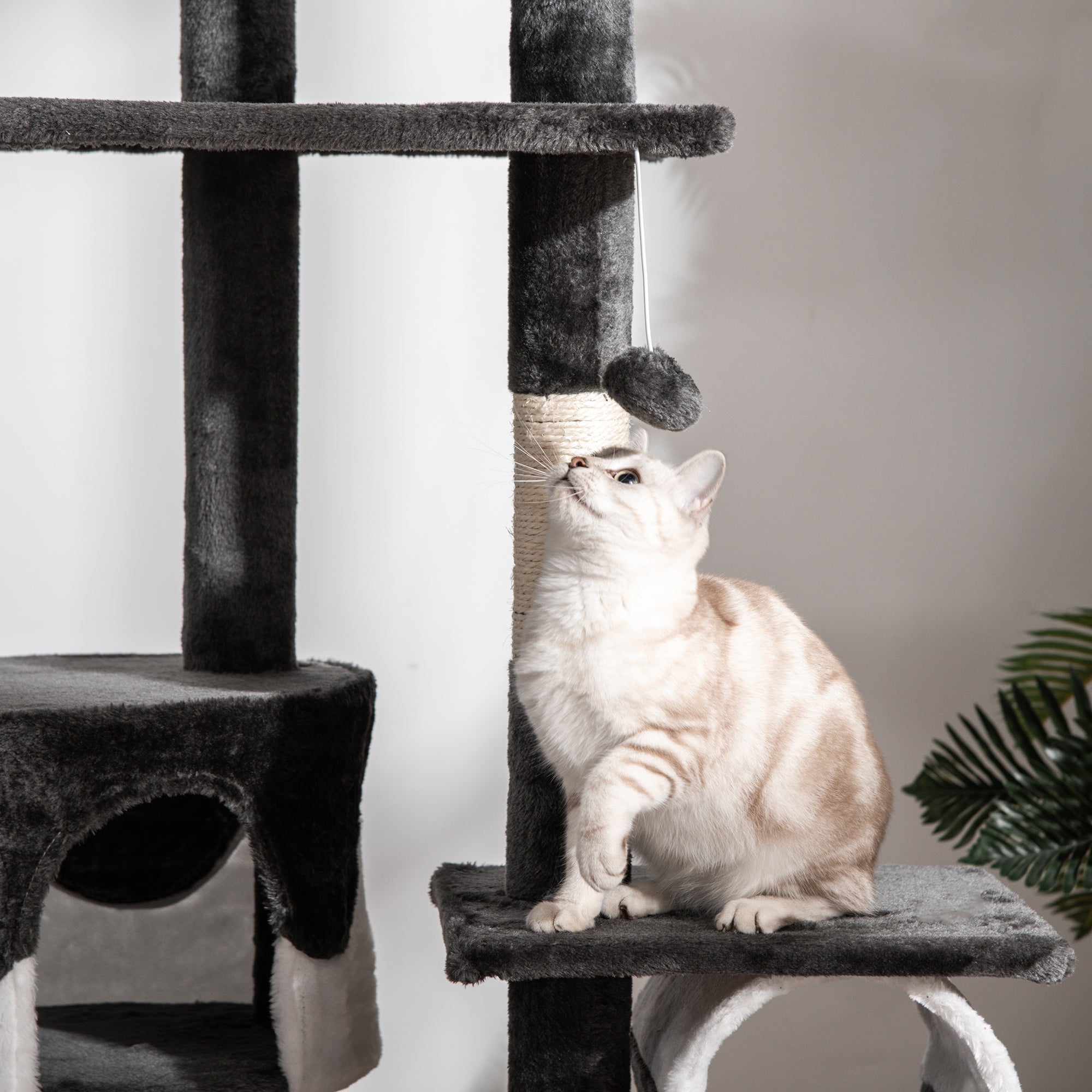PawHut Floor to Ceiling Cat Tree, 240-260cm Adjustable Height Cat Tower with Scratching Posts, Cat Houses, Ramps, Hammocks, Toy Balls, Tunnel for Indoor Cats - White
