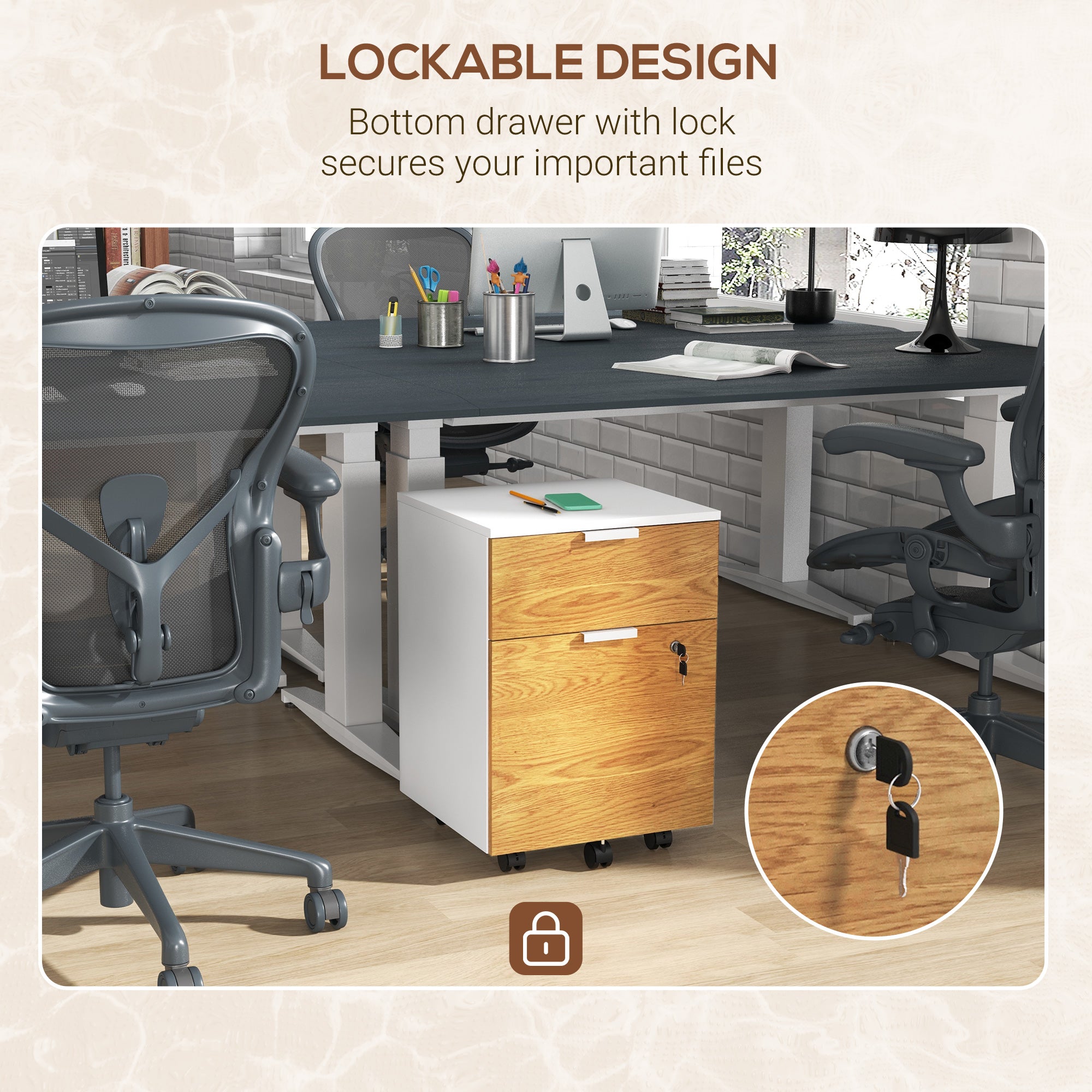 HOMCOM 2 Drawer File Cabinet, Lockable Filing Cabinet on Wheels with Adjustable Hanging Bars for A4 and Letter for Home Office, White and Nature Wood