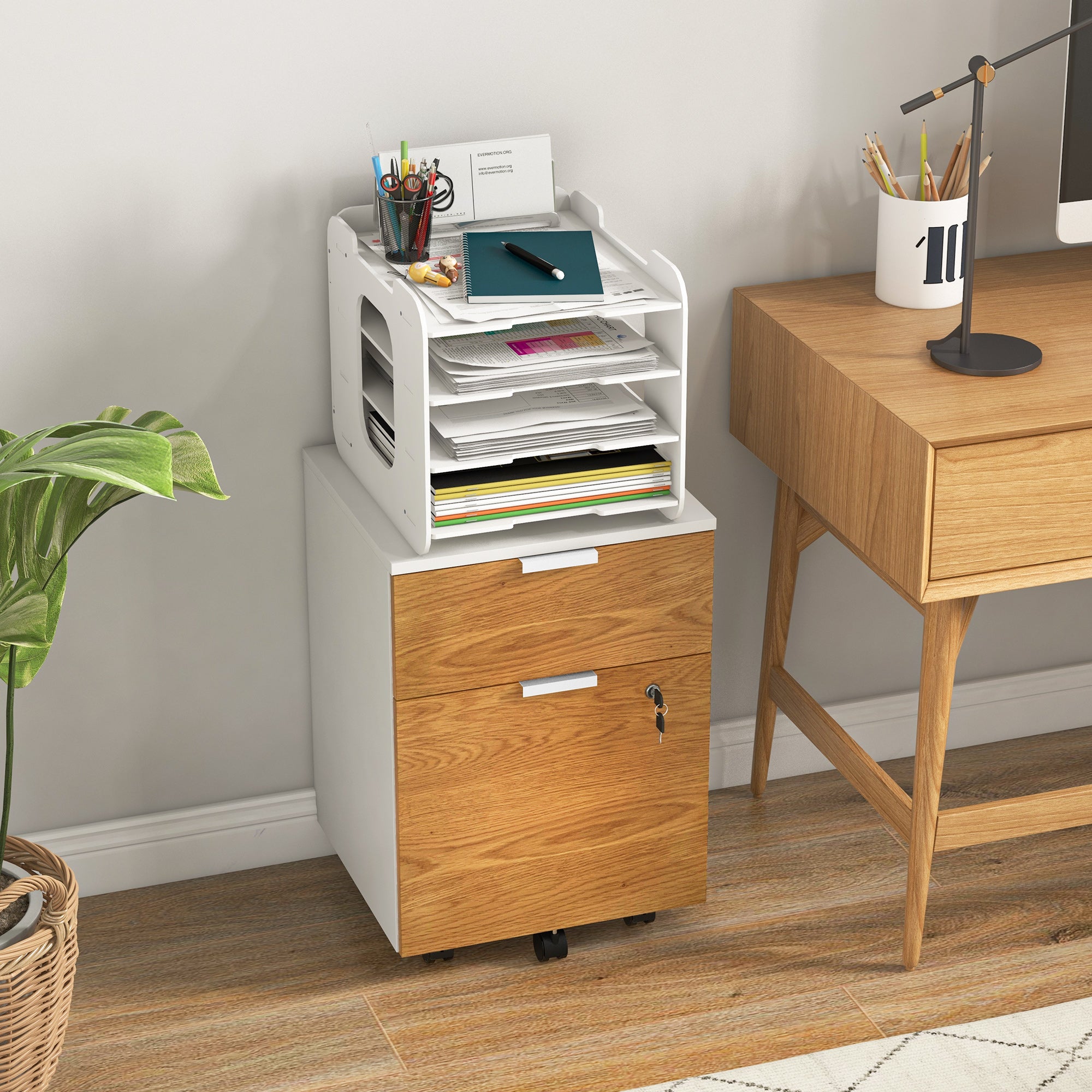 HOMCOM 2 Drawer File Cabinet, Lockable Filing Cabinet on Wheels with Adjustable Hanging Bars for A4 and Letter for Home Office, White and Nature Wood