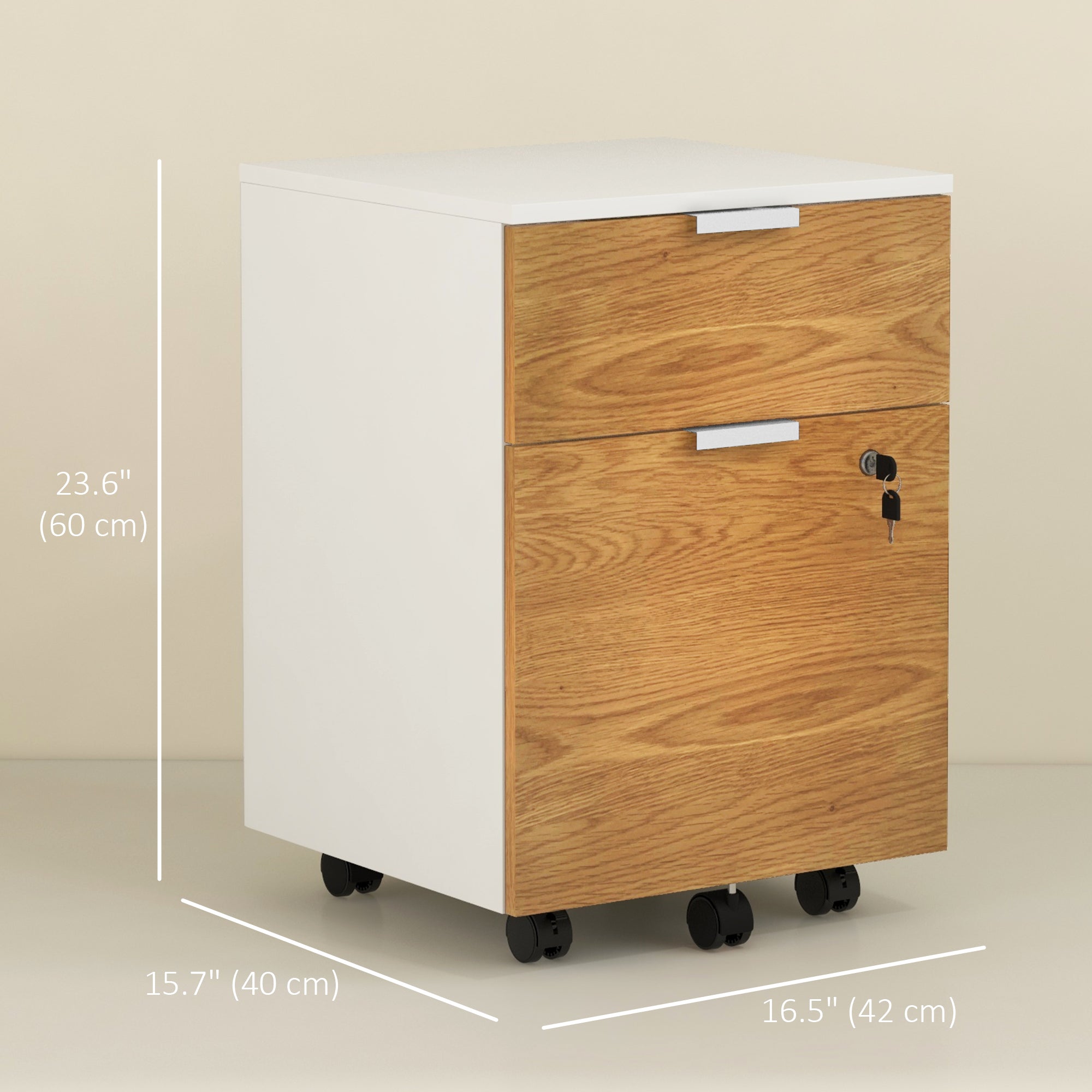 HOMCOM 2 Drawer File Cabinet, Lockable Filing Cabinet on Wheels with Adjustable Hanging Bars for A4 and Letter for Home Office, White and Nature Wood