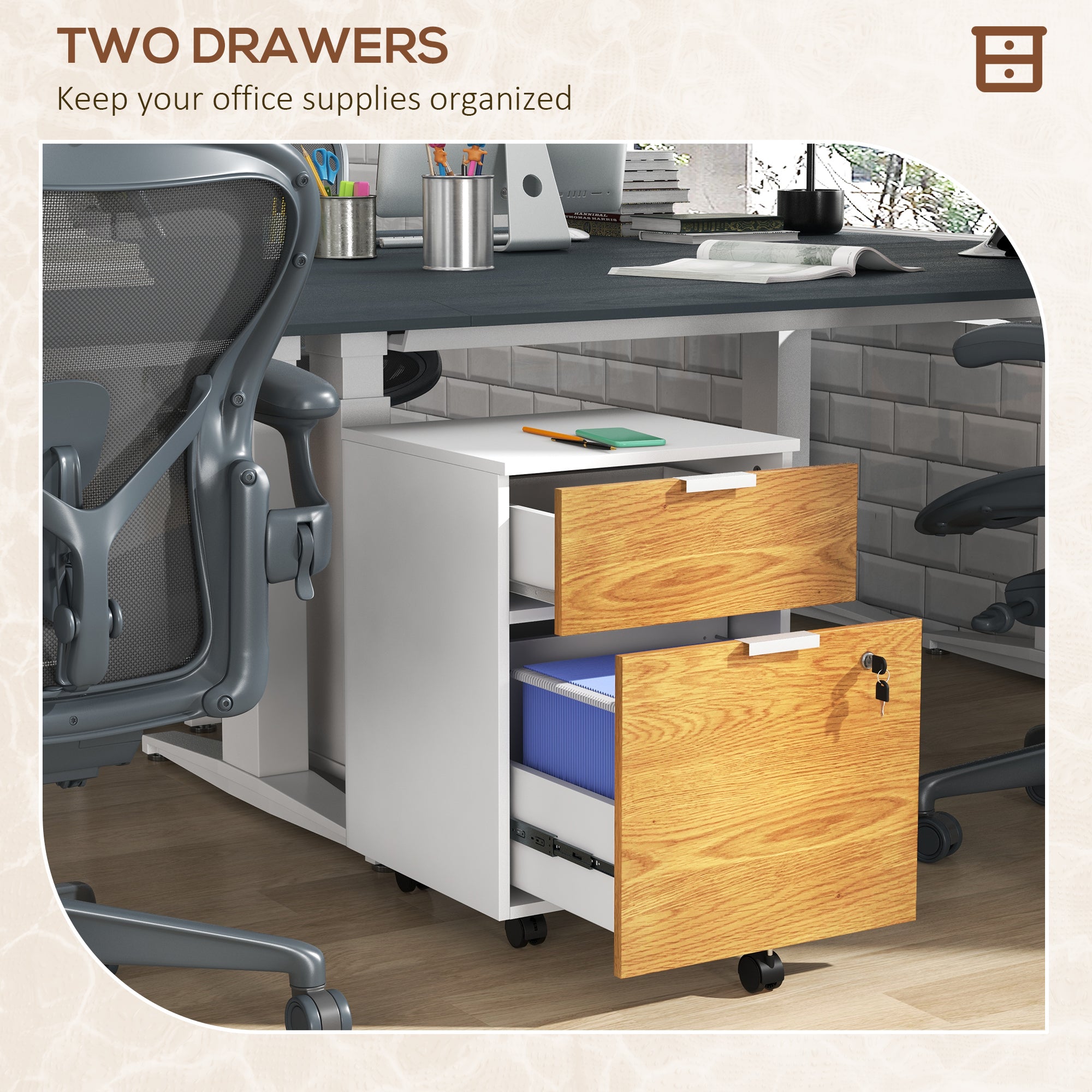 HOMCOM 2 Drawer File Cabinet, Lockable Filing Cabinet on Wheels with Adjustable Hanging Bars for A4 and Letter for Home Office, White and Nature Wood