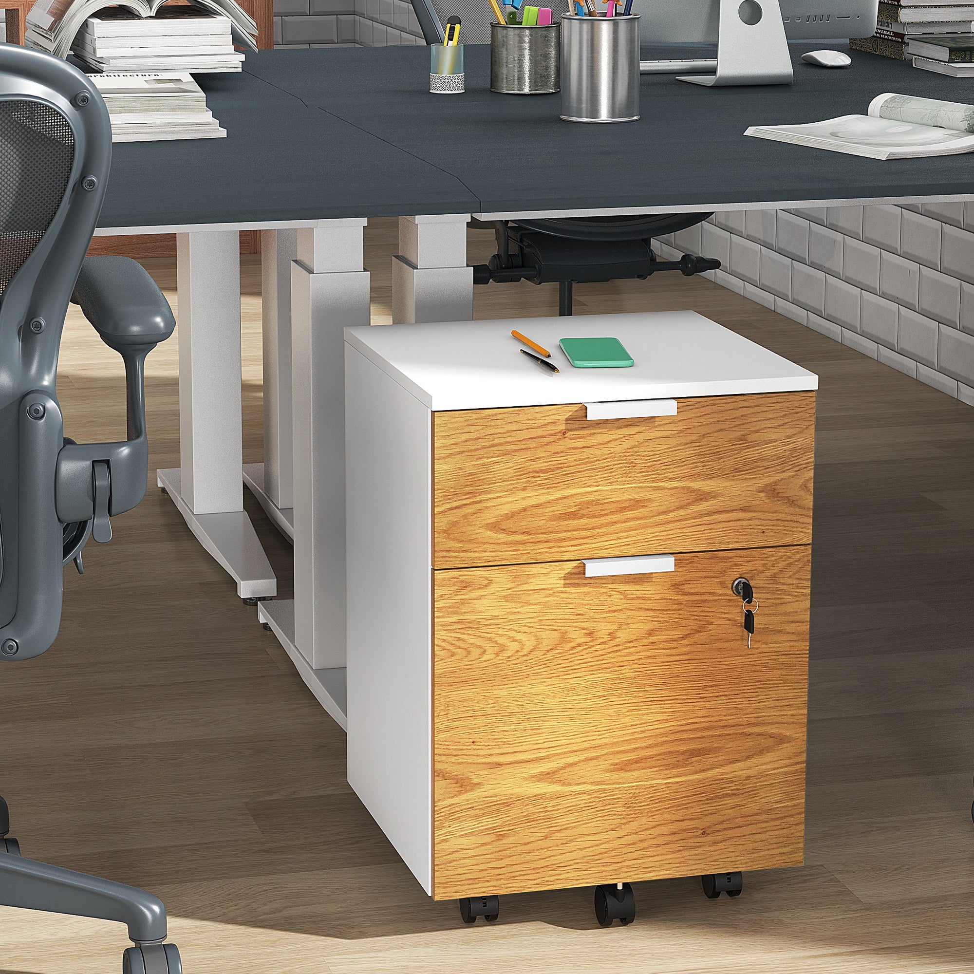 HOMCOM 2 Drawer File Cabinet, Lockable Filing Cabinet on Wheels with Adjustable Hanging Bars for A4 and Letter for Home Office, White and Nature Wood