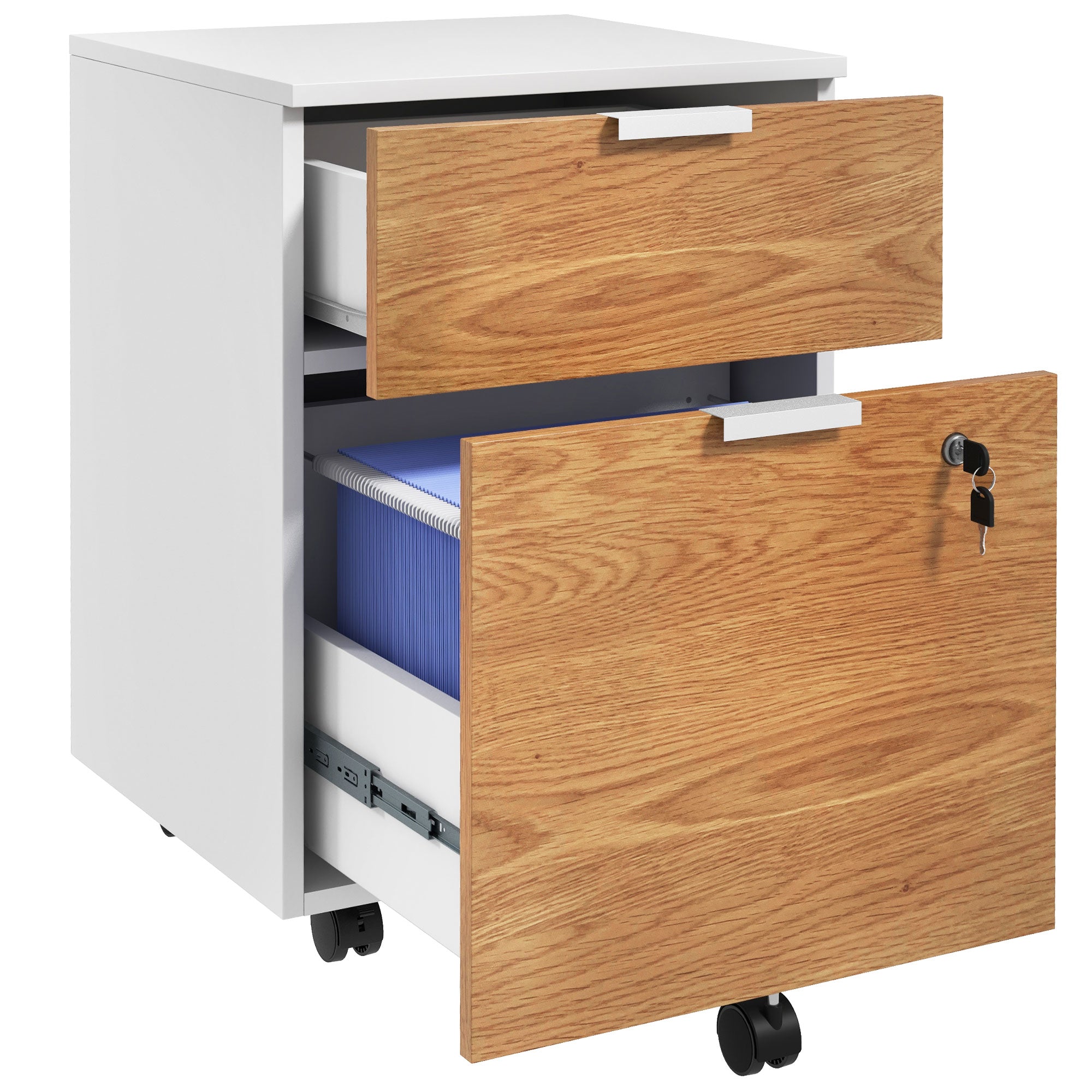 HOMCOM 2 Drawer File Cabinet, Lockable Filing Cabinet on Wheels with Adjustable Hanging Bars for A4 and Letter for Home Office, White and Nature Wood