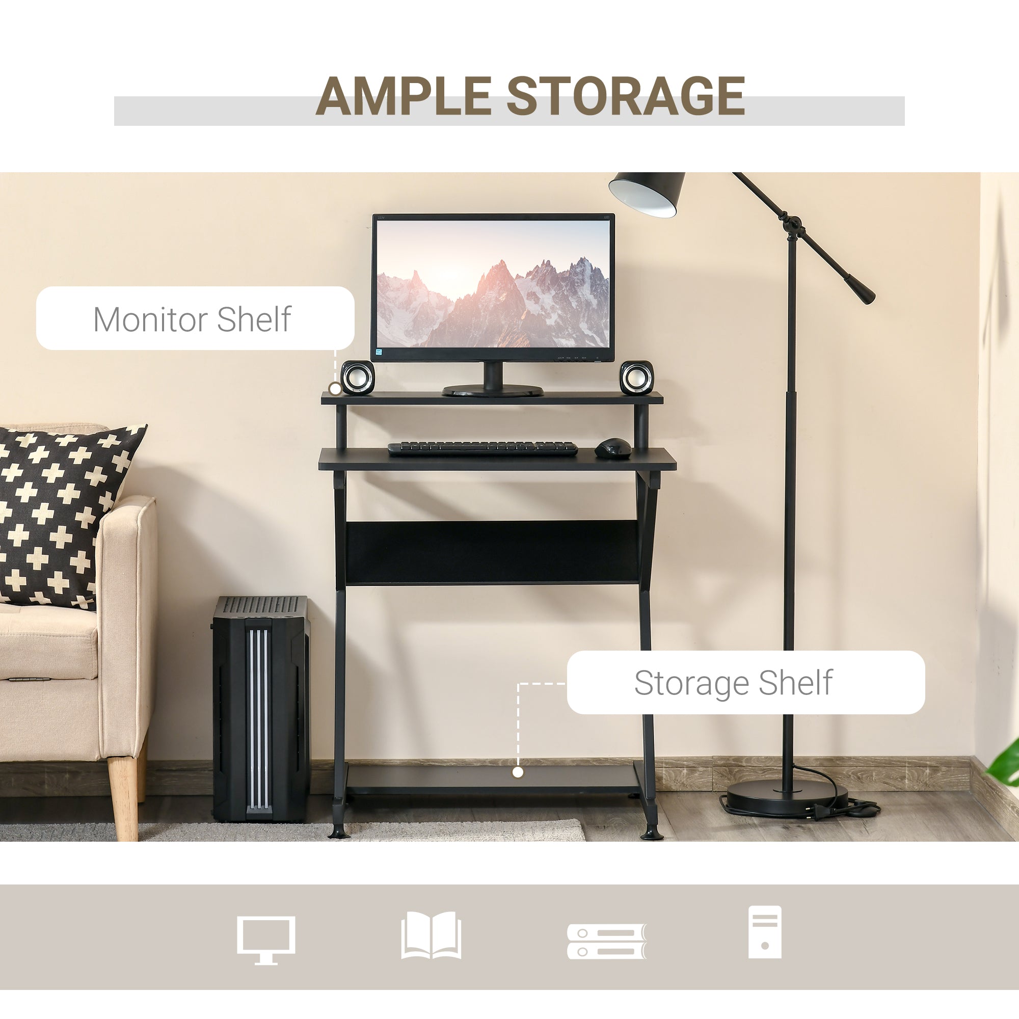 HOMCOM 28" Compact Computer Desk, Industrial Z-Shaped Writing Desk with Monitor Shelf and Storage, Workstation for Home Office, Black