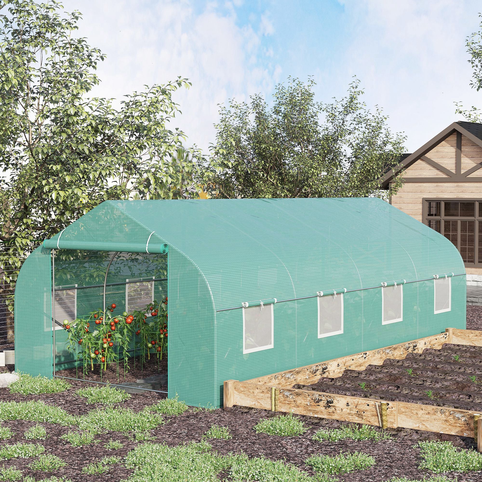 Outsunny 20x10x7ft Walk-in Tunnel Greenhouse, Outdoor Backyard Plant Seed Growth Warm House with 2 Anchor Way, Green