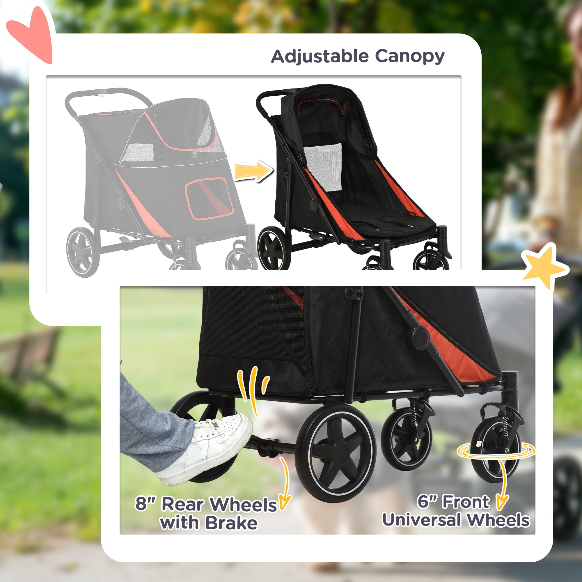 PawHut Pet Stroller with Universal Front Wheels, Shock Absorber, One-Click Foldable Dog Cat Carriage with Brakes, Storage Bags, Safety Leash for Large & Medium Dogs, Black