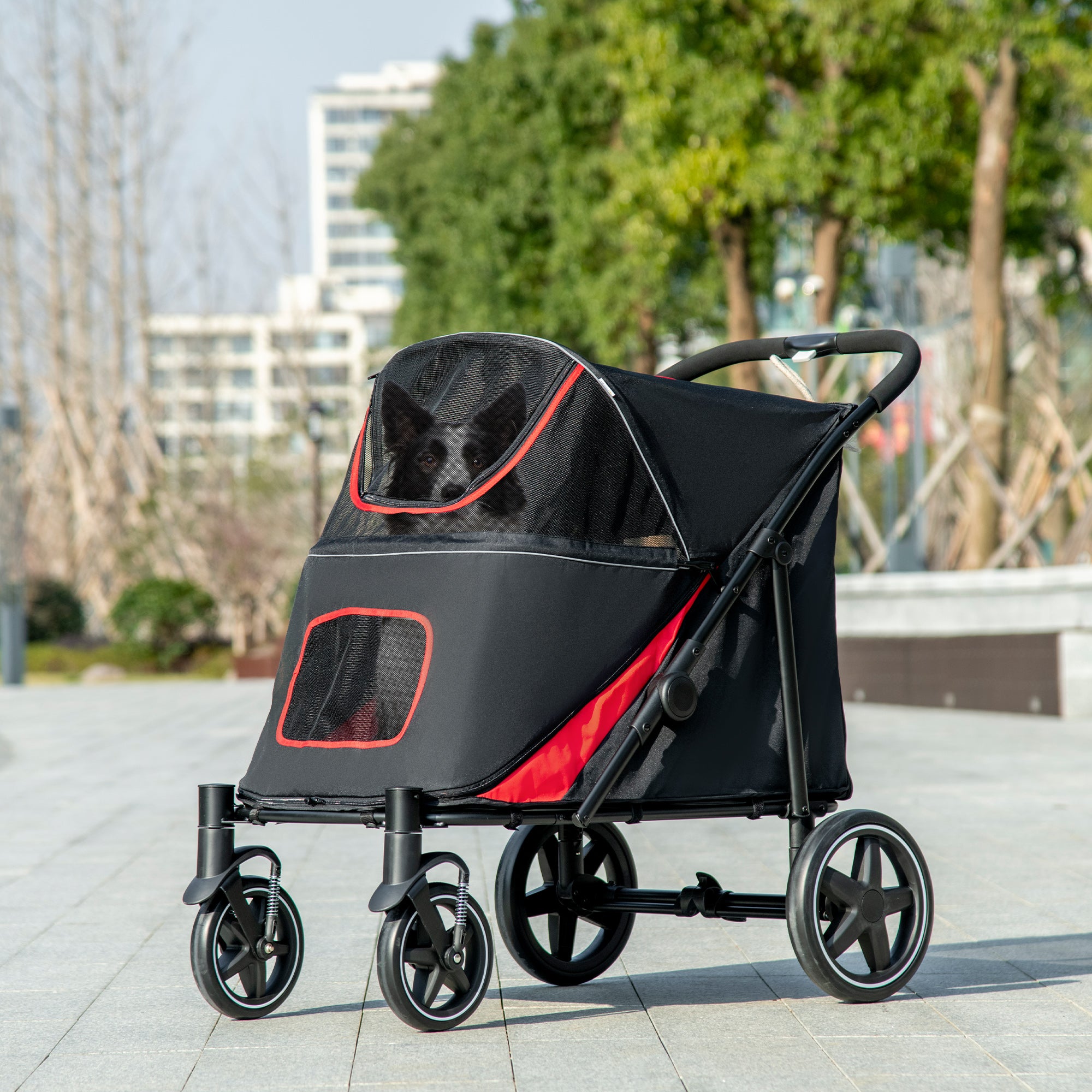 PawHut Pet Stroller with Universal Front Wheels, Shock Absorber, One-Click Foldable Dog Cat Carriage with Brakes, Storage Bags, Safety Leash for Large & Medium Dogs, Black