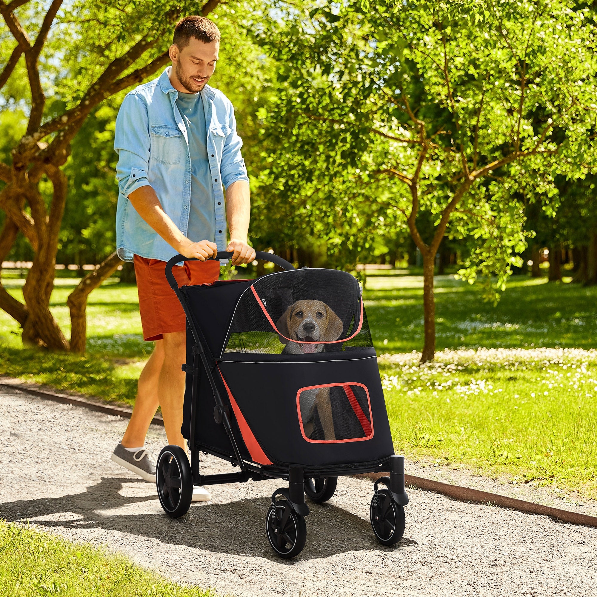 PawHut Pet Stroller with Universal Front Wheels, Shock Absorber, One-Click Foldable Dog Cat Carriage with Brakes, Storage Bags, Safety Leash for Large & Medium Dogs, Black