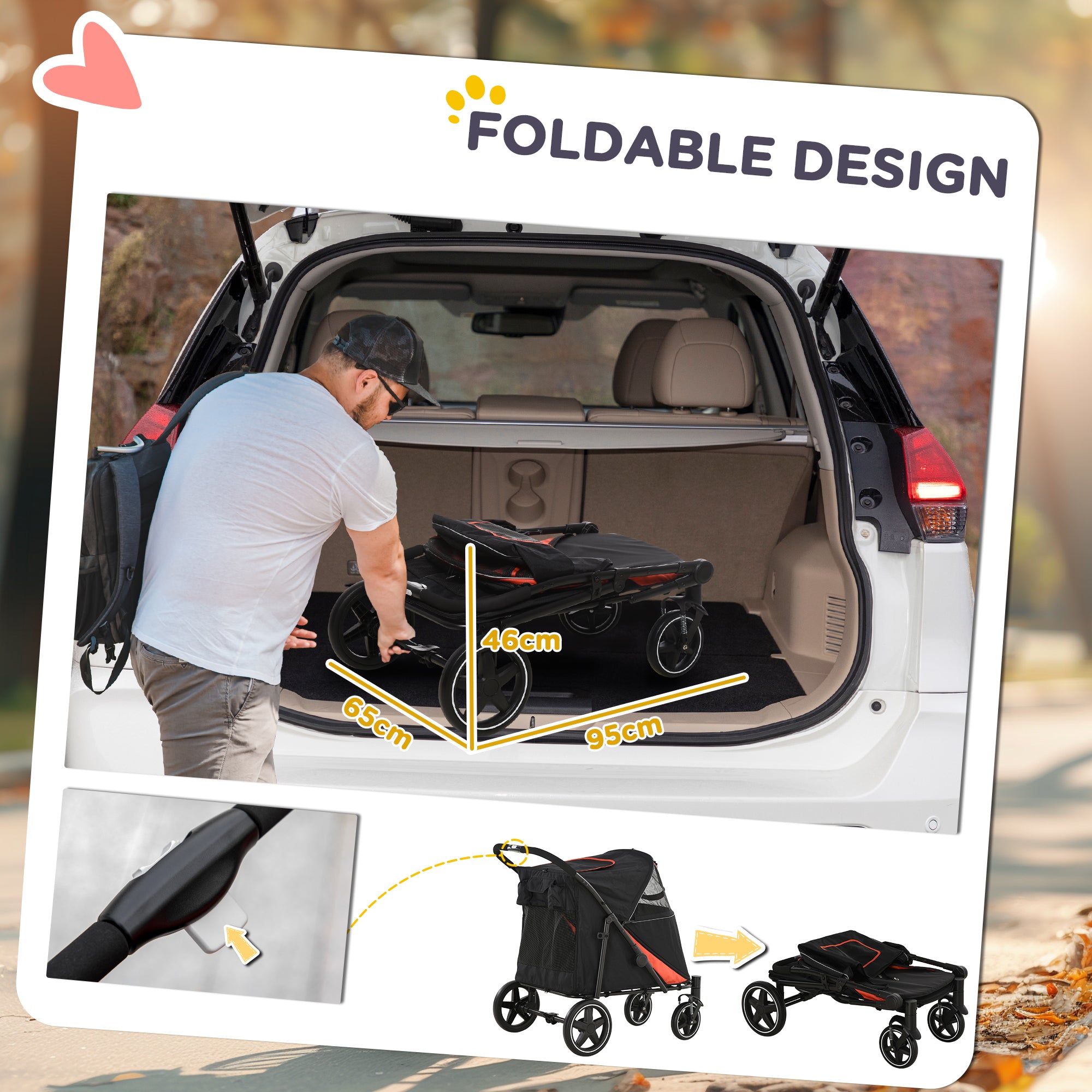 PawHut Pet Stroller with Universal Front Wheels, Shock Absorber, One-Click Foldable Dog Cat Carriage with Brakes, Storage Bags, Safety Leash for Large & Medium Dogs, Black
