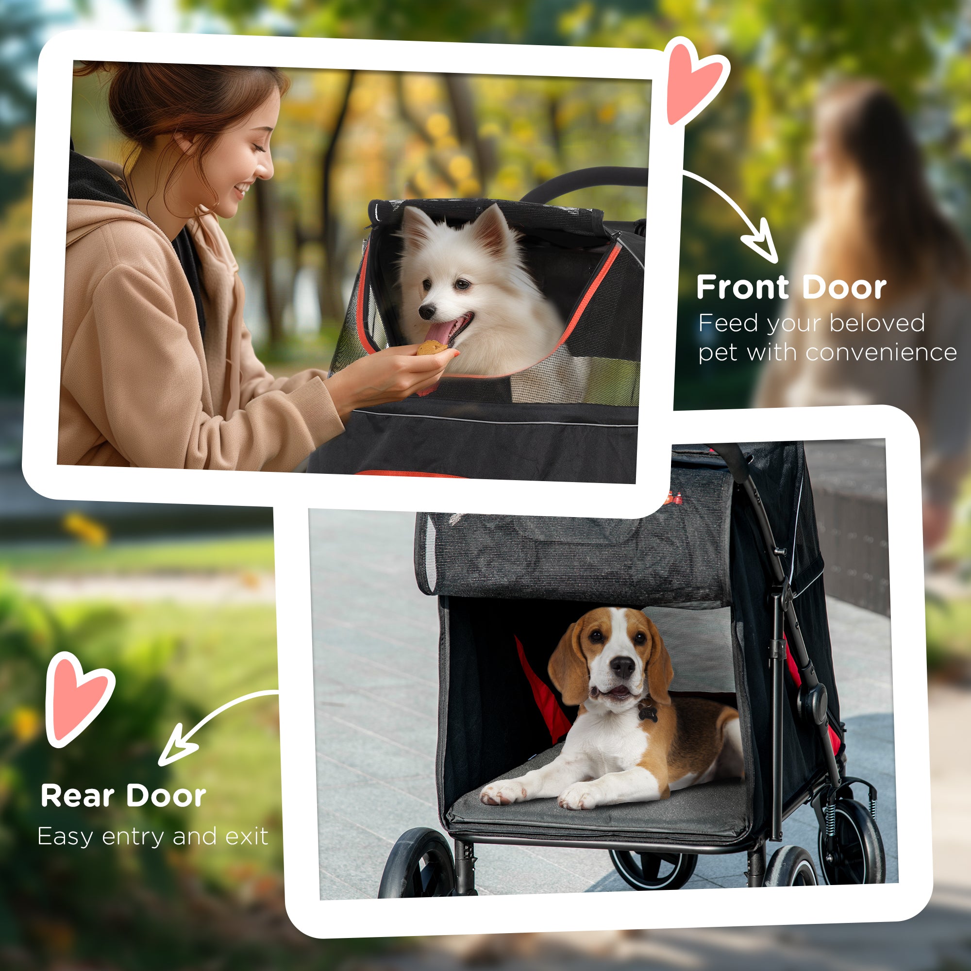 PawHut Pet Stroller with Universal Front Wheels, Shock Absorber, One-Click Foldable Dog Cat Carriage with Brakes, Storage Bags, Safety Leash for Large & Medium Dogs, Black