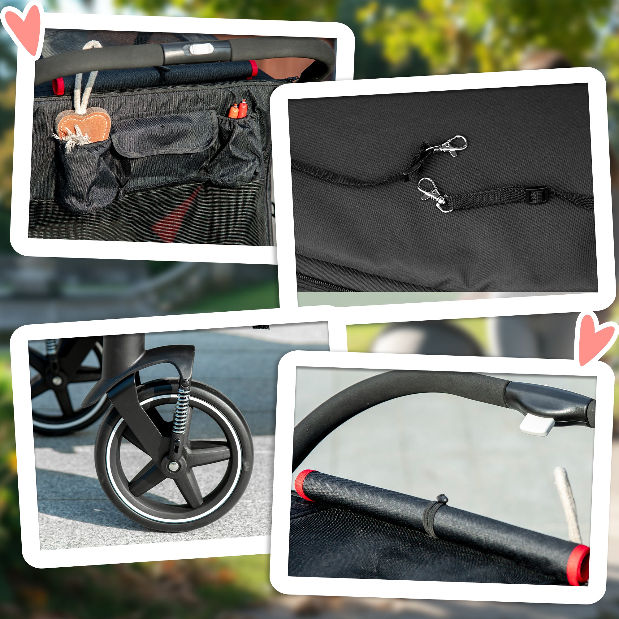 PawHut Pet Stroller with Universal Front Wheels, Shock Absorber, One-Click Foldable Dog Cat Carriage with Brakes, Storage Bags, Safety Leash for Large & Medium Dogs, Black
